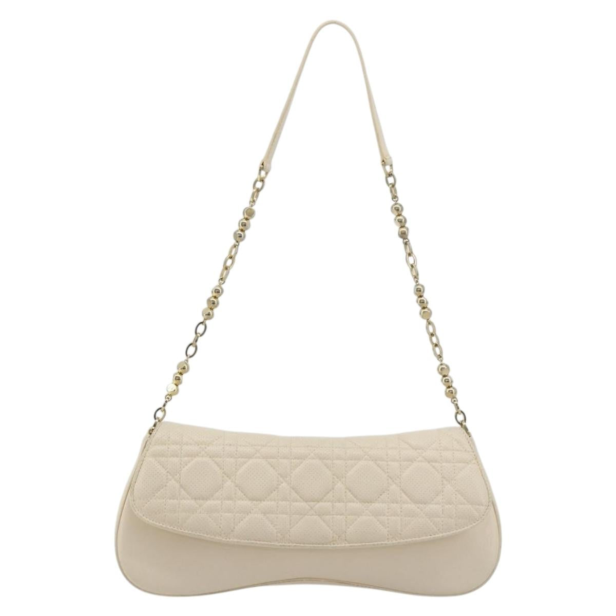 Christian Dior Canage Chain Shoulder Bag Leather Ivory Gold Auth 183173SAV
