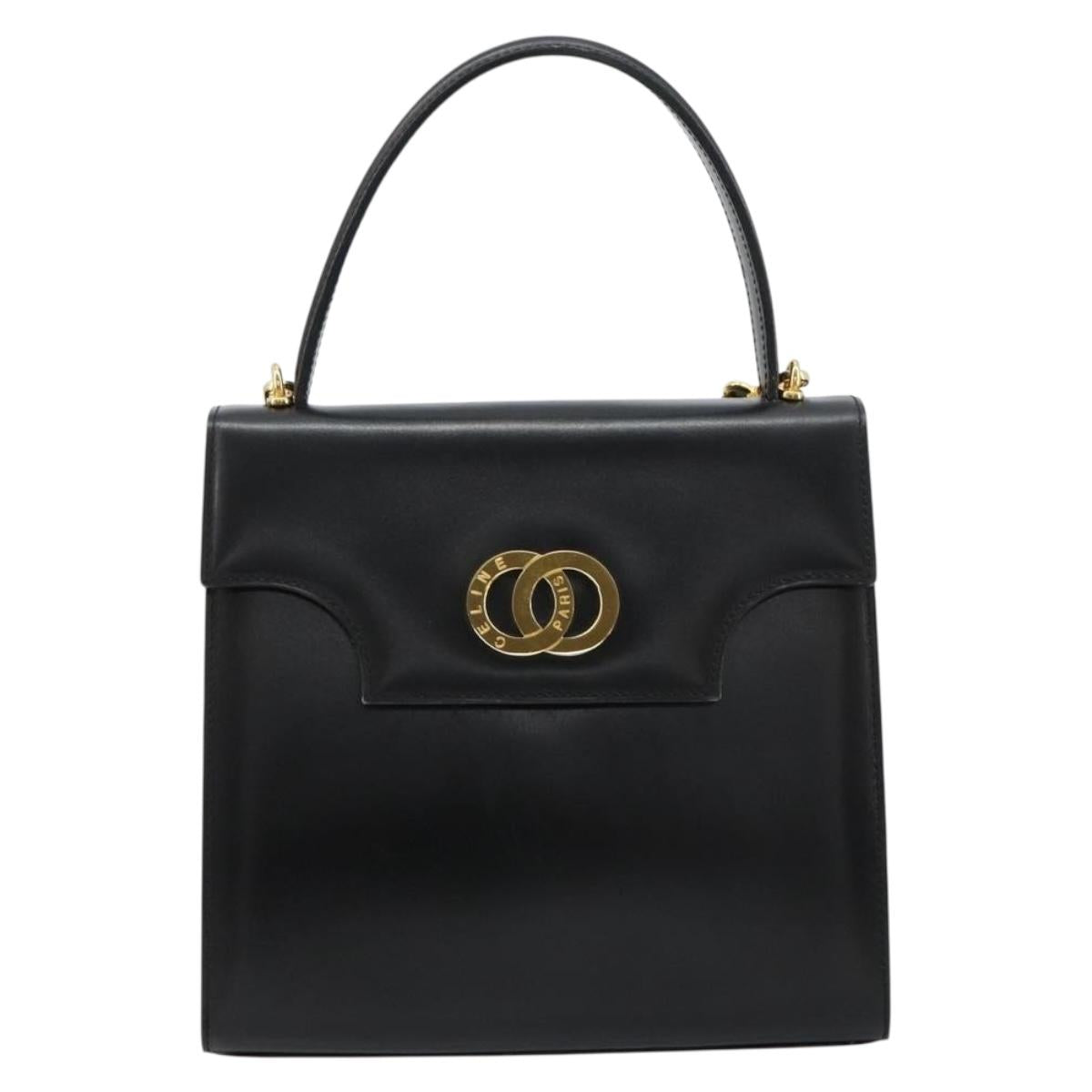 CELINE Hand Bag Leather 2way Black Gold Auth 183194SAV