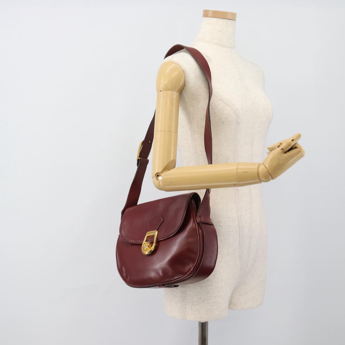GUCCI Shoulder Bag Leather Bordeaux Gold Auth 183197