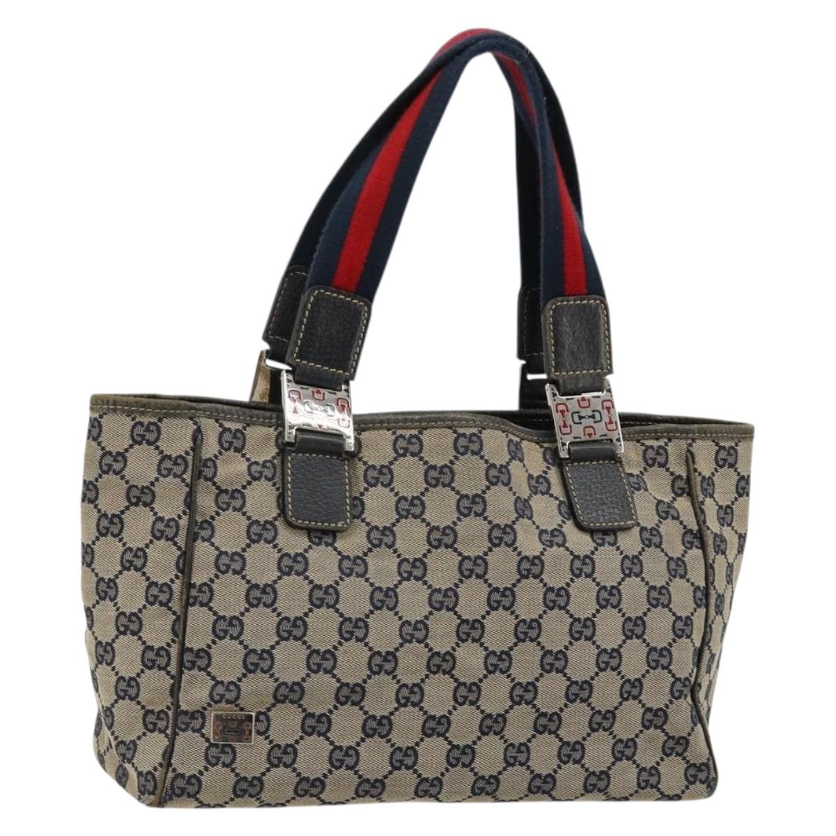 GUCCI GG Canvas Sherry Line Hand Bag Navy Silver 145810 Auth 183200