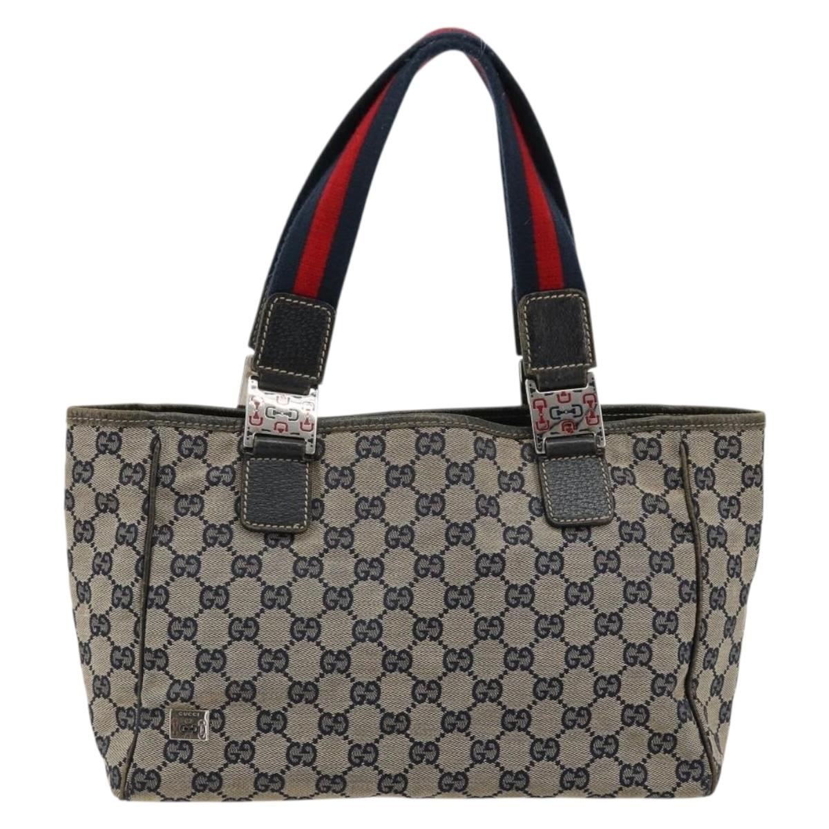GUCCI GG Canvas Sherry Line Hand Bag Navy Silver 145810 Auth 183200
