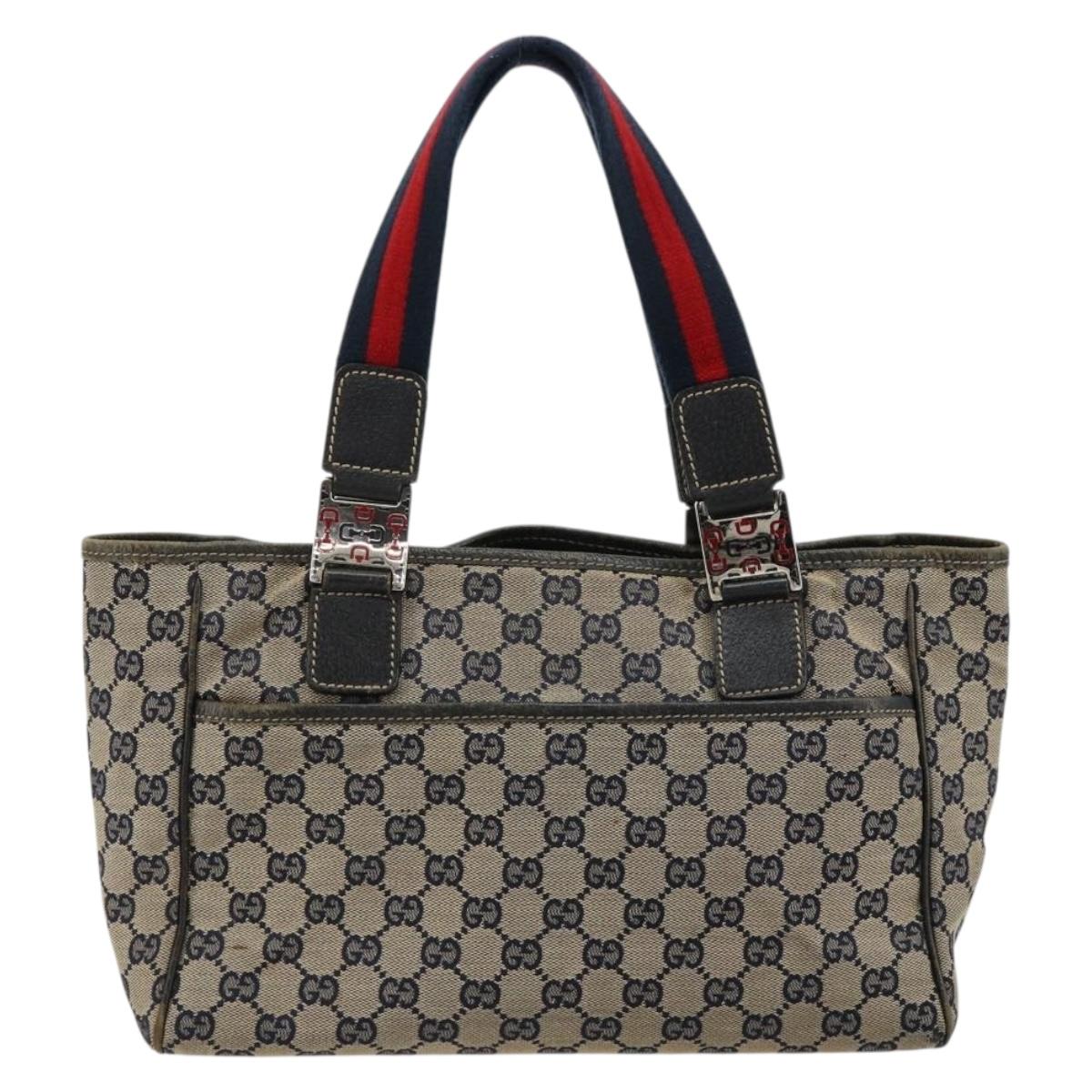 GUCCI GG Canvas Sherry Line Hand Bag Navy Silver 145810 Auth 183200