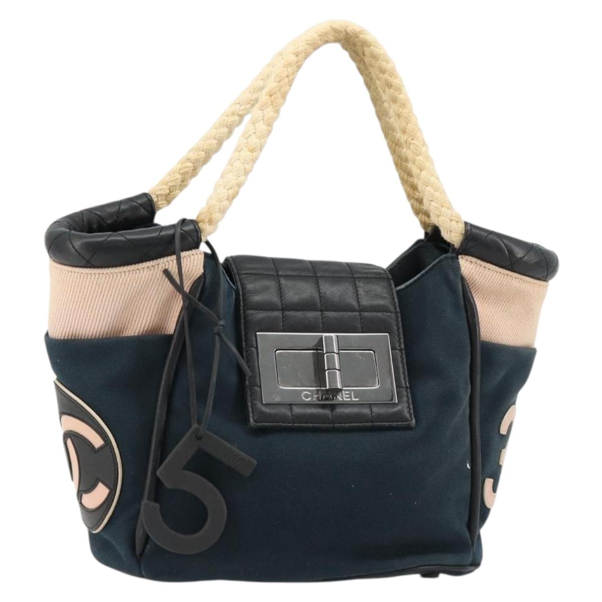 CHANEL Choco Bar Hand Bag Canvas Navy Silver CC Auth 183201