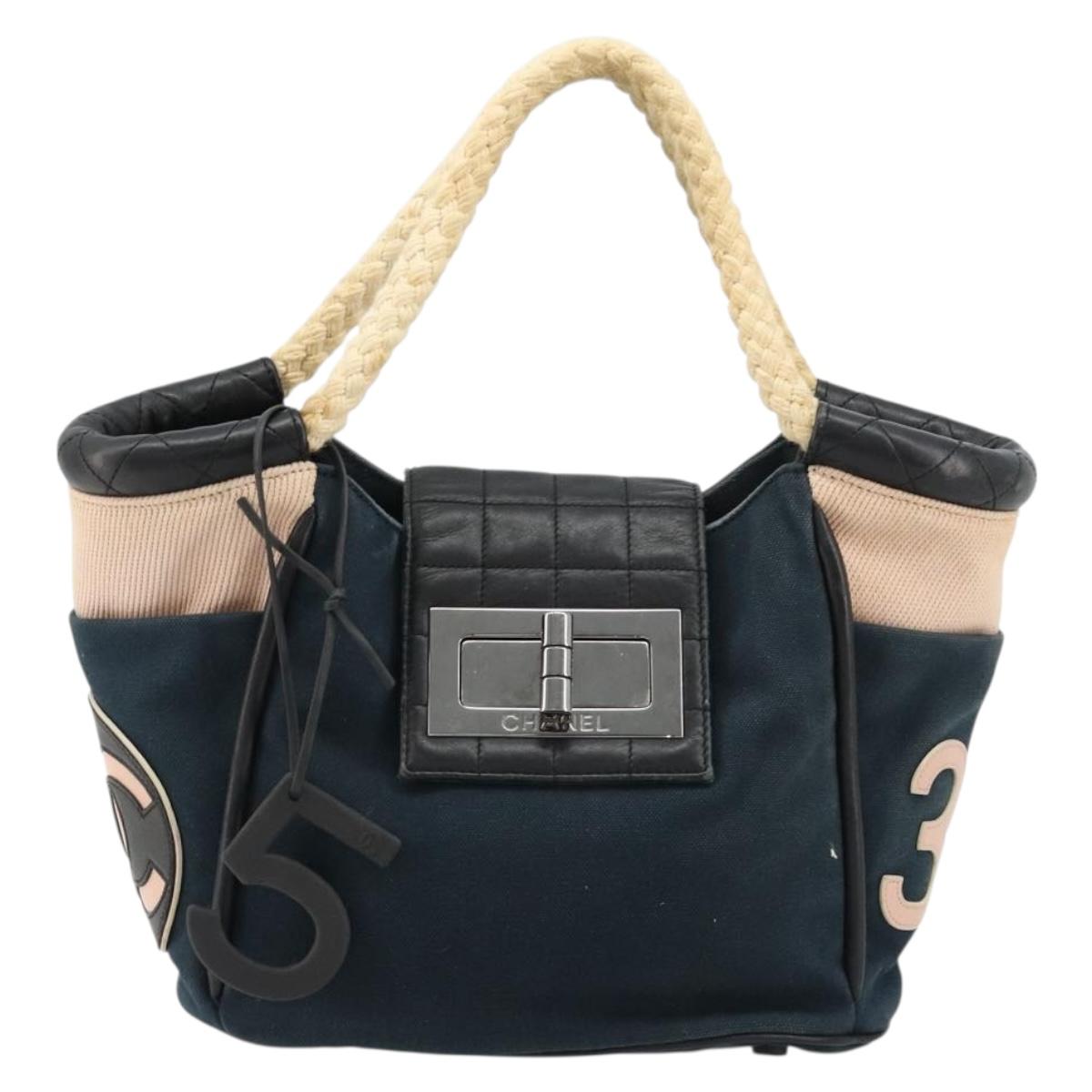CHANEL Choco Bar Hand Bag Canvas Navy Silver CC Auth 183201
