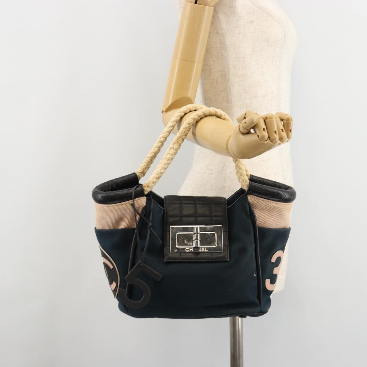 CHANEL Choco Bar Hand Bag Canvas Navy Silver CC Auth 183201