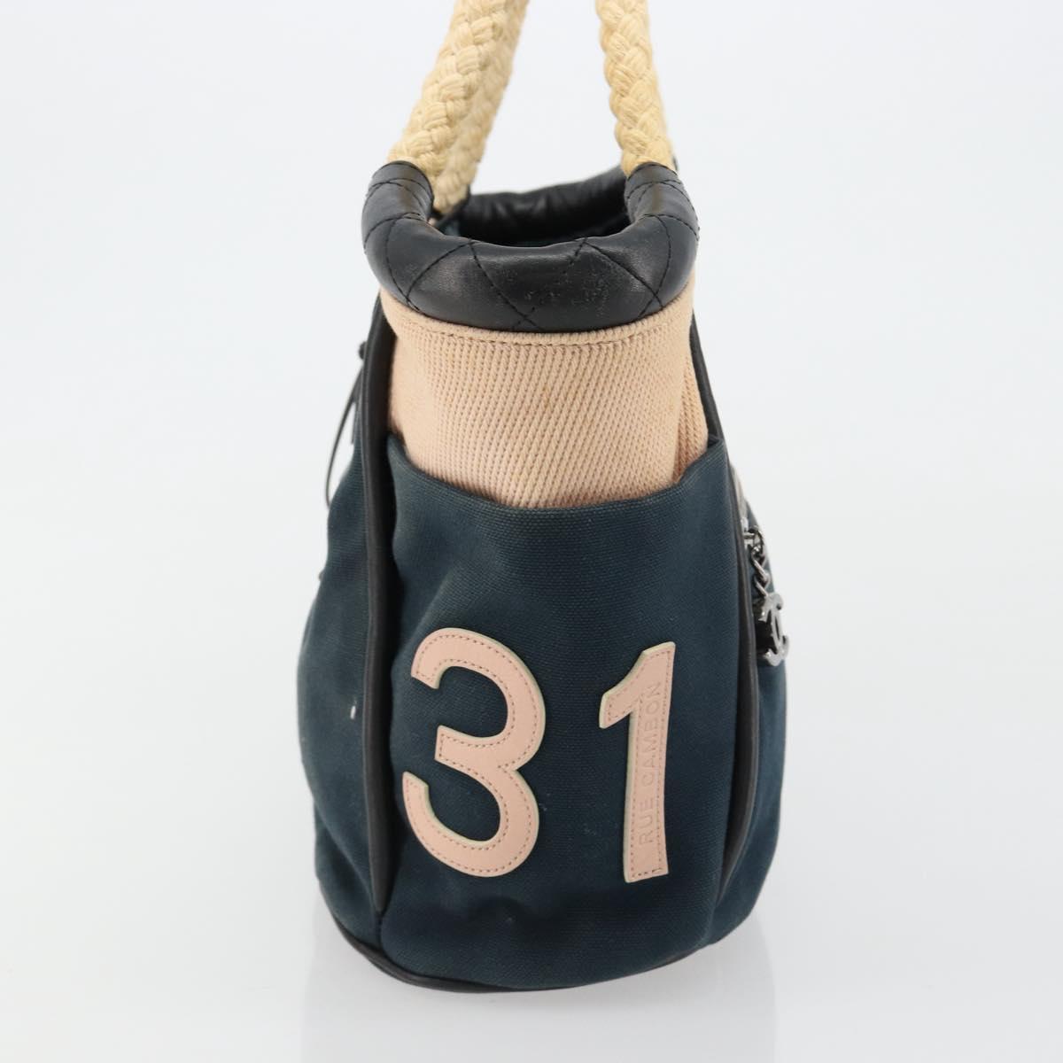 CHANEL Choco Bar Hand Bag Canvas Navy Silver CC Auth 183201