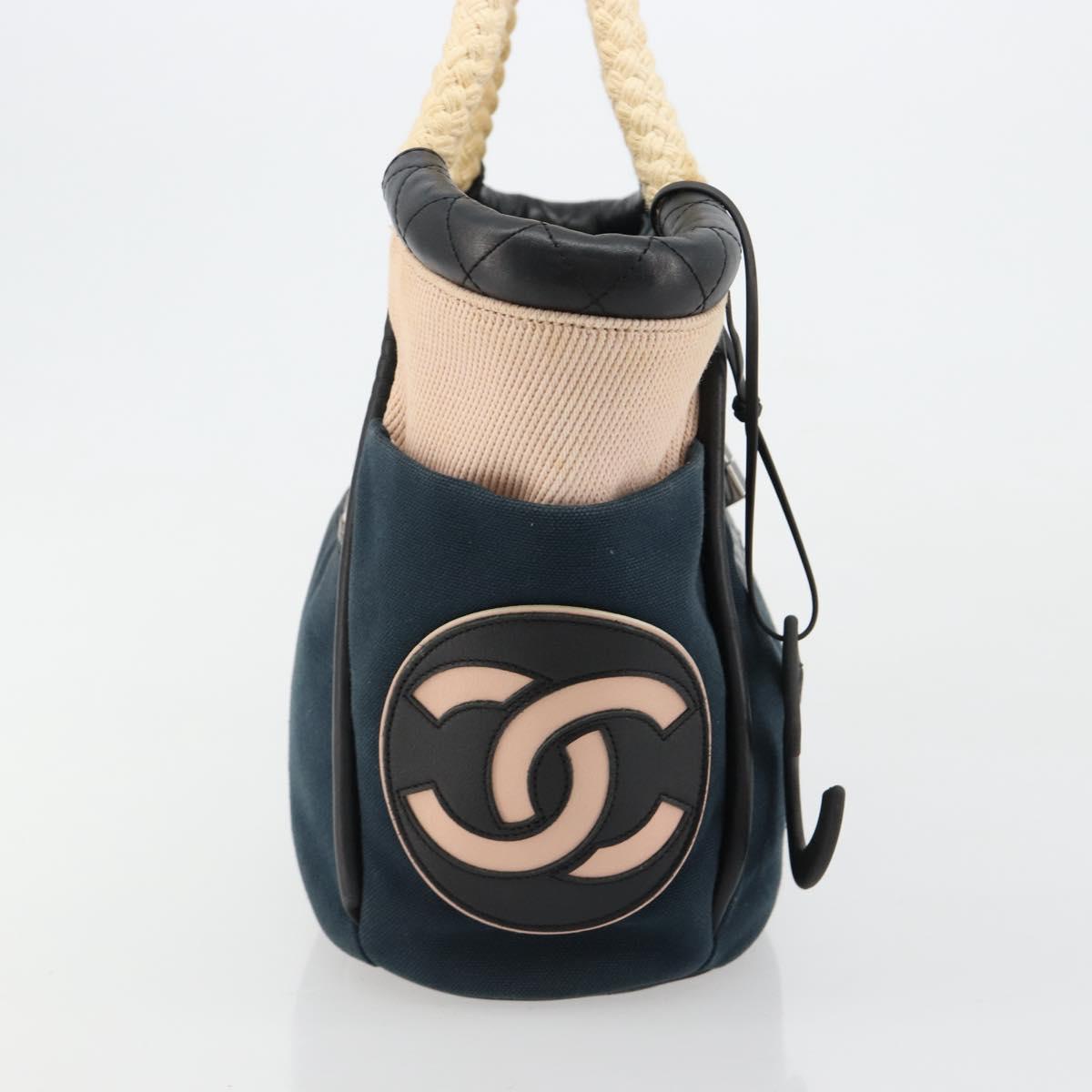 CHANEL Choco Bar Hand Bag Canvas Navy Silver CC Auth 183201