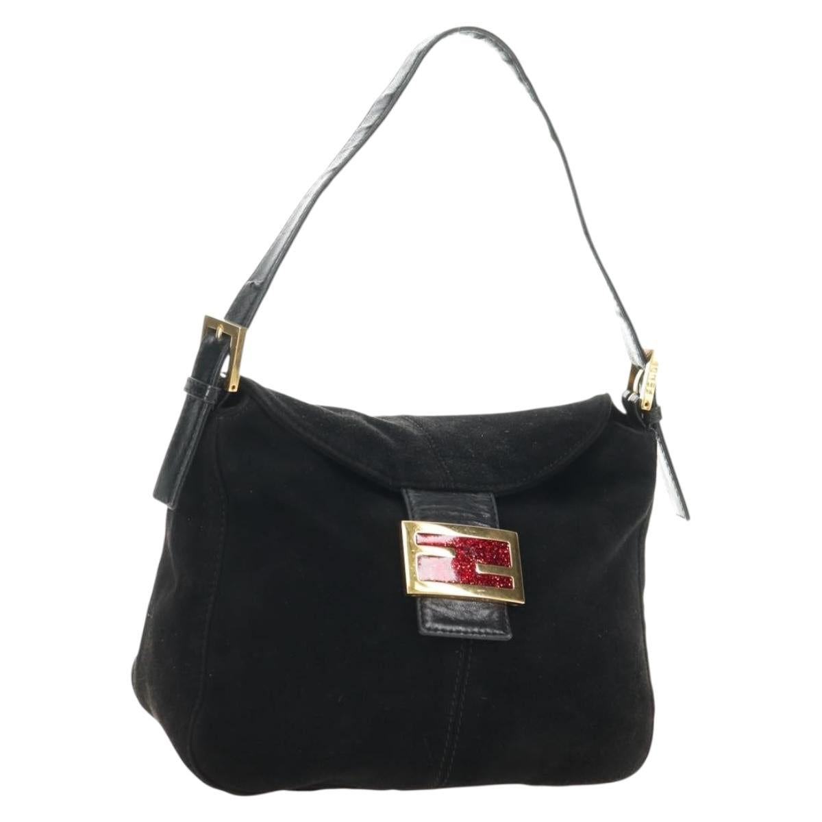 FENDI Mamma Baguette Shoulder Bag Suede Black Gold Auth 183213SAM