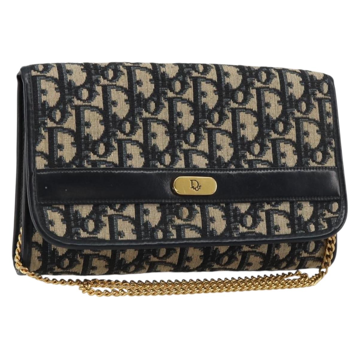 Christian Dior Trotter Canvas Chain Shoulder Bag Navy Gold Auth 183216A