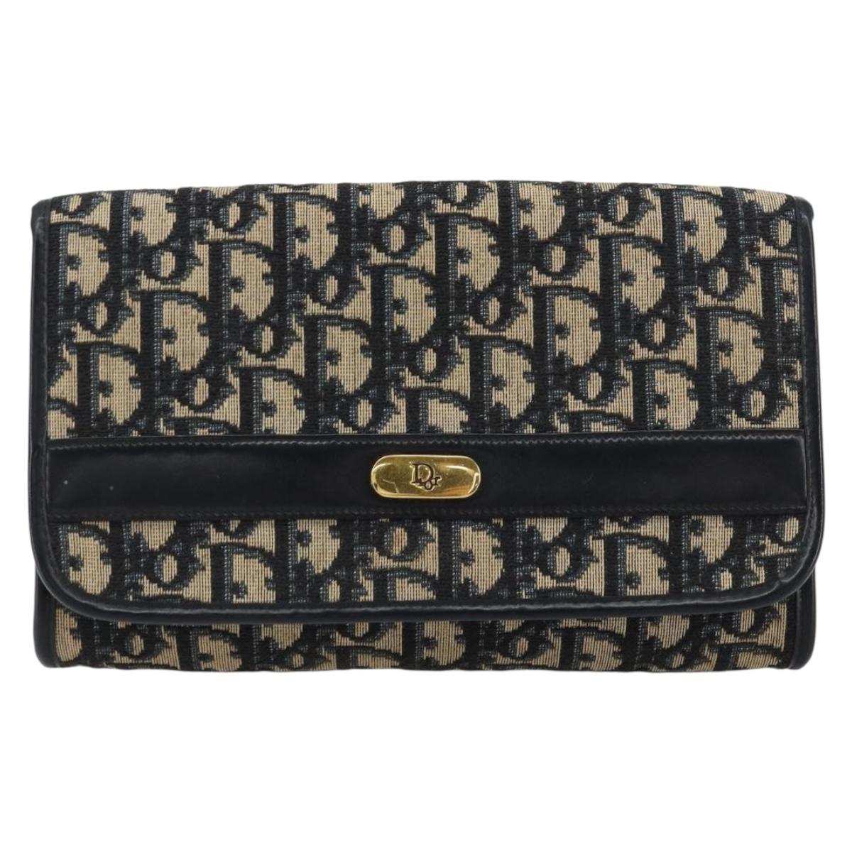 Christian Dior Trotter Canvas Chain Shoulder Bag Navy Gold Auth 183216A