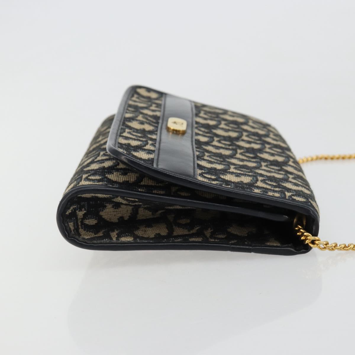 Christian Dior Trotter Canvas Chain Shoulder Bag Navy Gold Auth 183216A