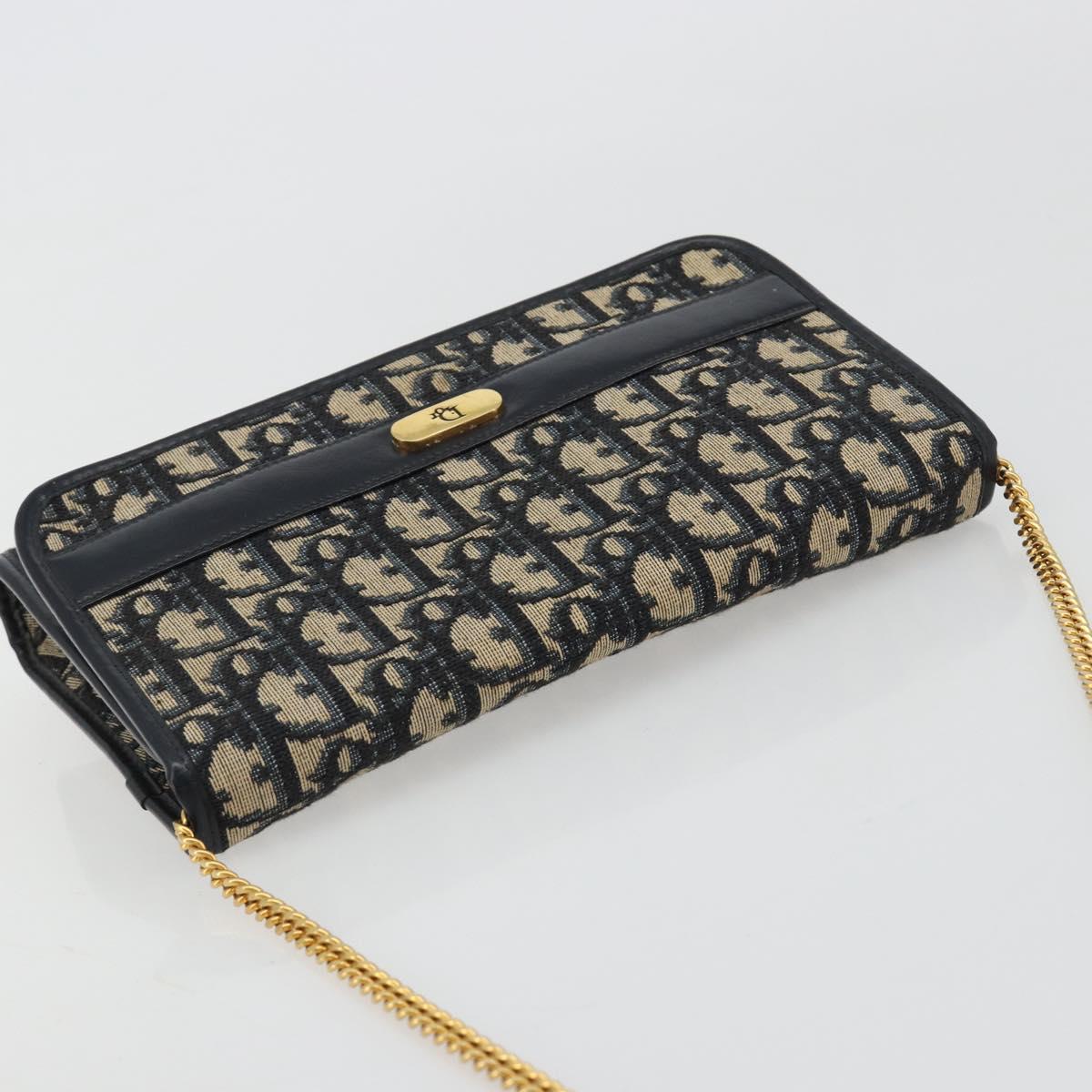 Christian Dior Trotter Canvas Chain Shoulder Bag Navy Gold Auth 183216A