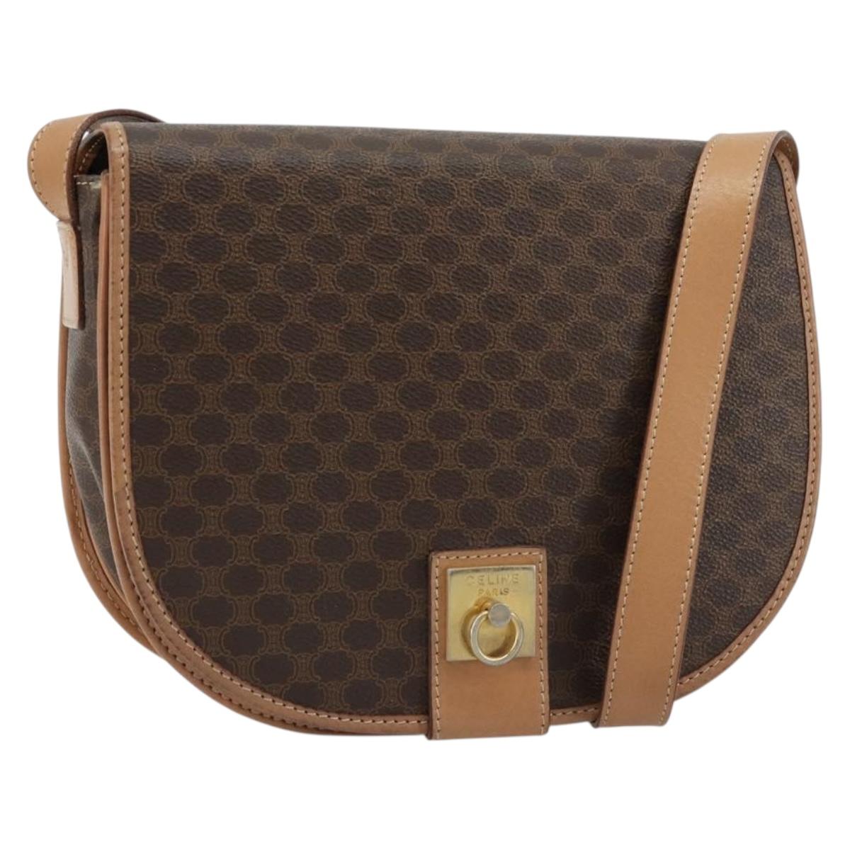 CELINE Macadam Canvas Shoulder Bag PVC Leather Brown Gold Auth 183224A