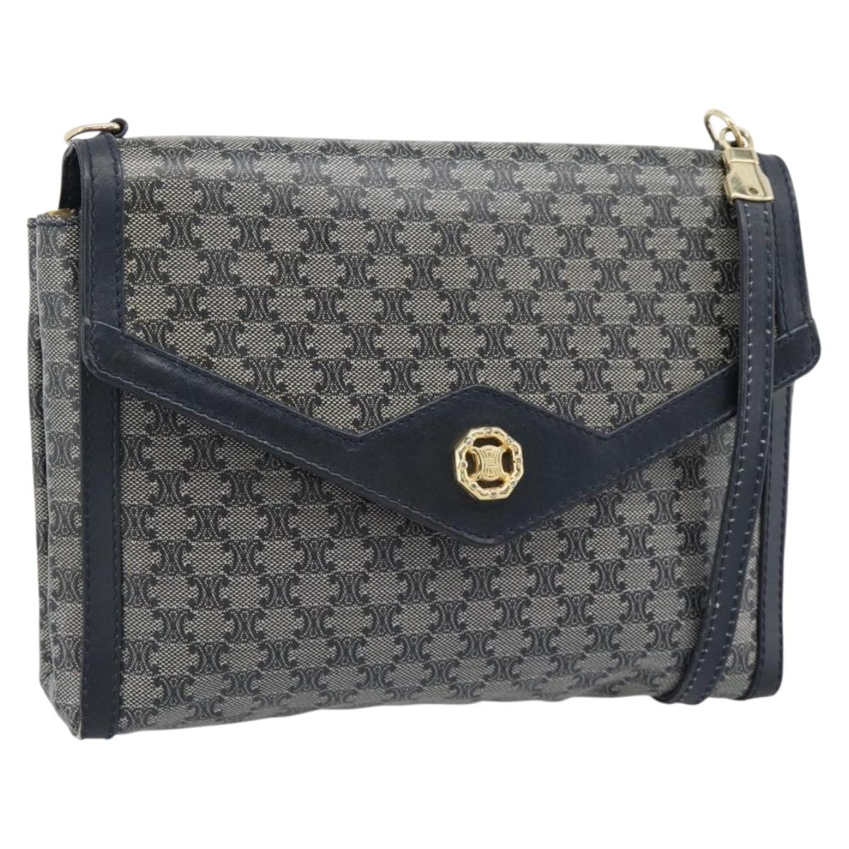 CELINE Macadam Canvas Shoulder Bag PVC Navy Gold Auth 183228A
