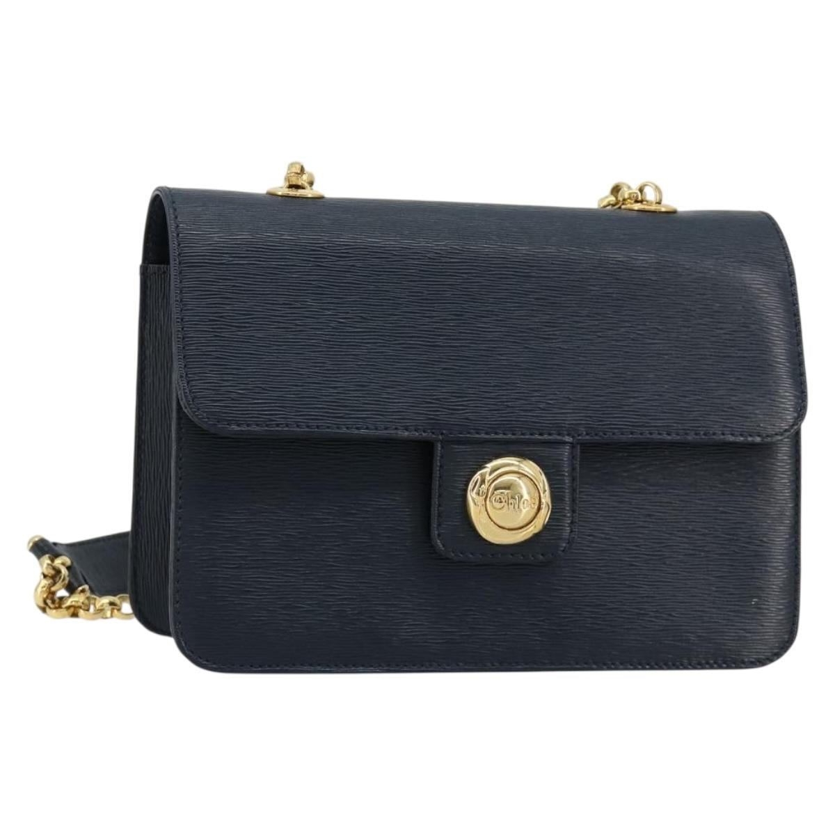 Chloe Chain Shoulder Bag Leather Navy Gold Auth 183231A