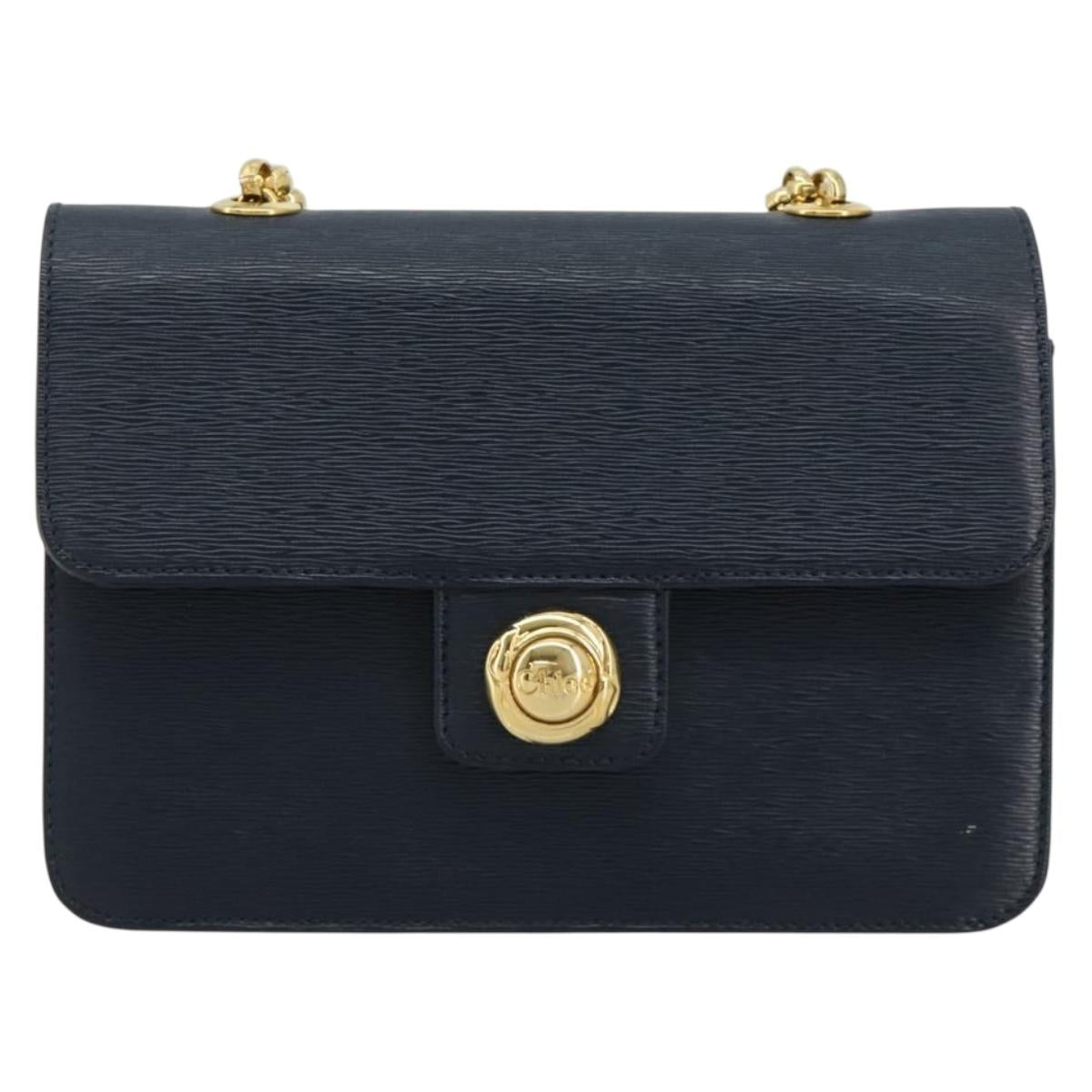 Chloe Chain Shoulder Bag Leather Navy Gold Auth 183231A
