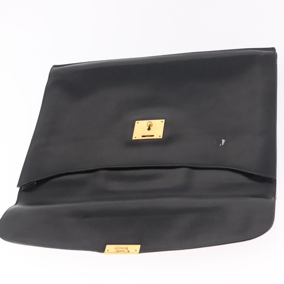 HERMES Kirius Business Bag Leather Black Gold Auth 183240