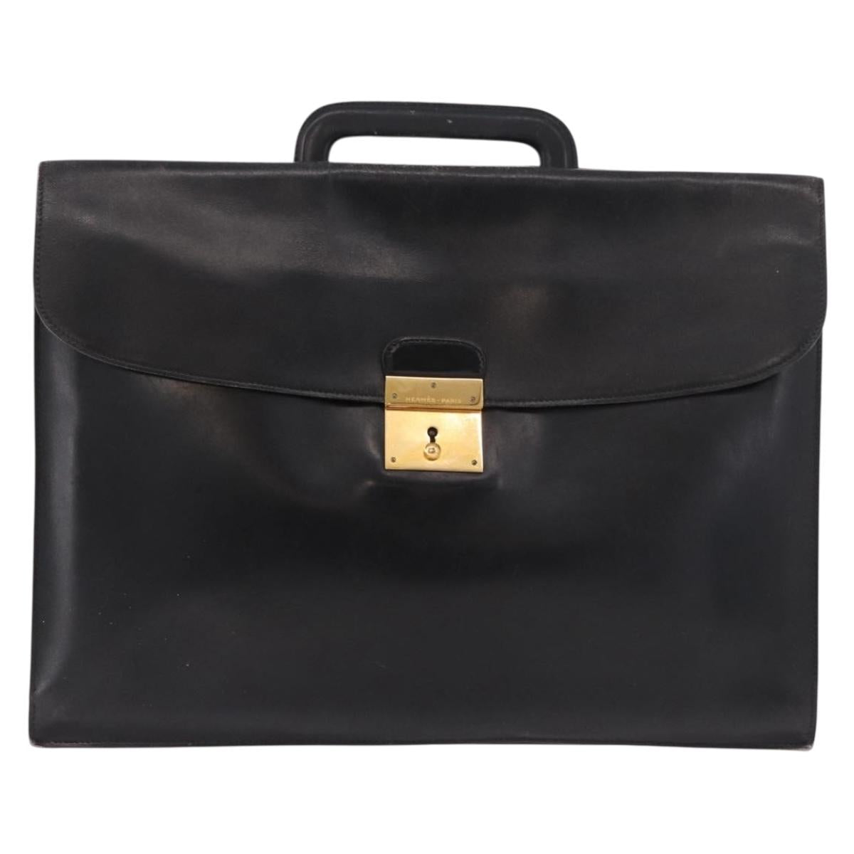 HERMES Kirius Business Bag Leather Black Gold Auth 183240