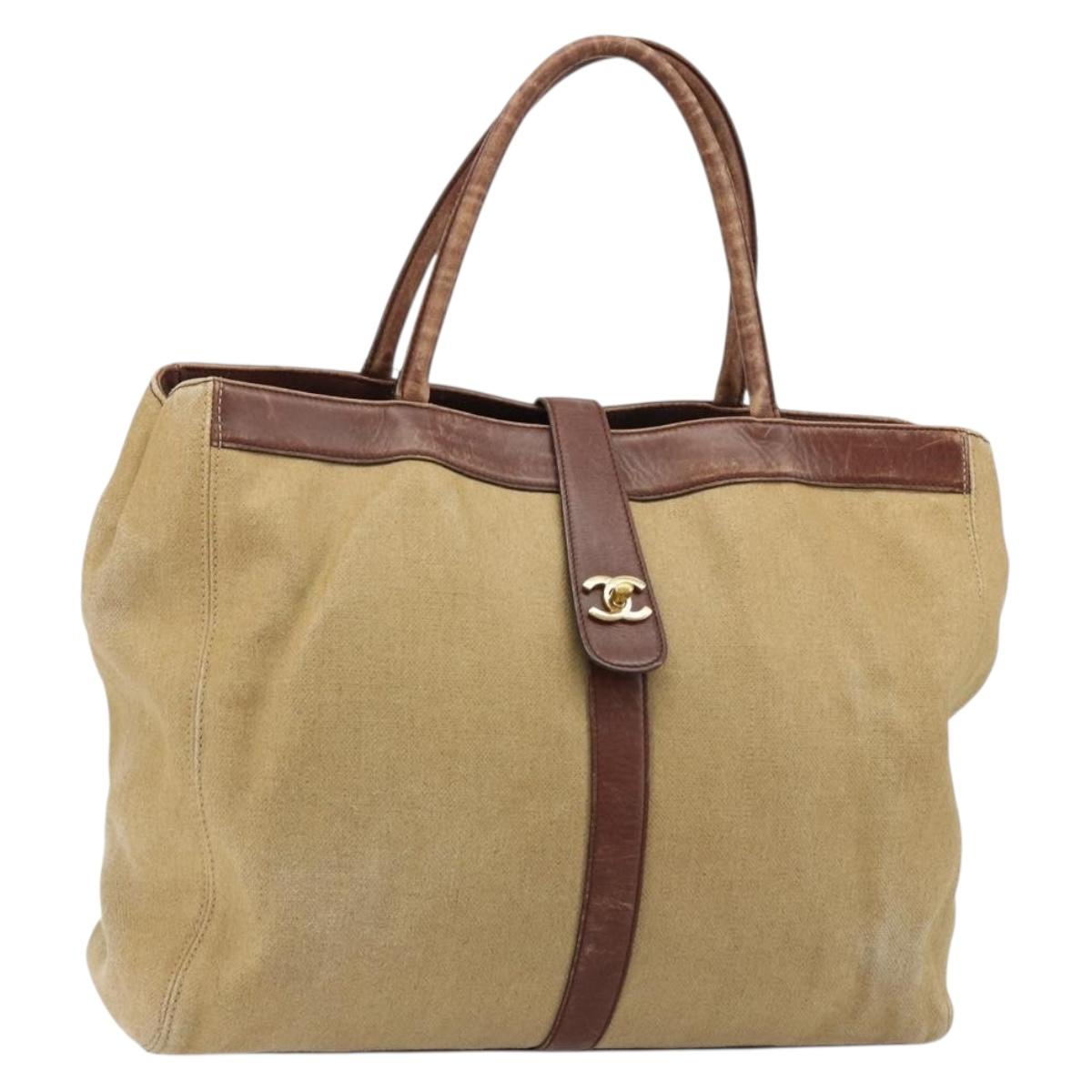 CHANEL Tote Bag Coated Canvas Beige Gold CC Auth 183241