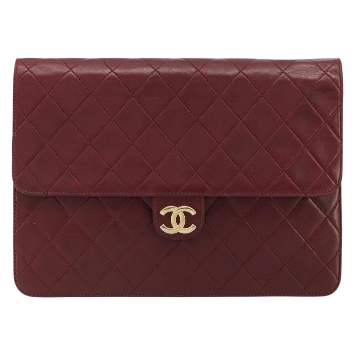 CHANEL Matelasse Chain Shoulder Bag Lamb Skin Bordeaux Gold CC Auth 183248A
