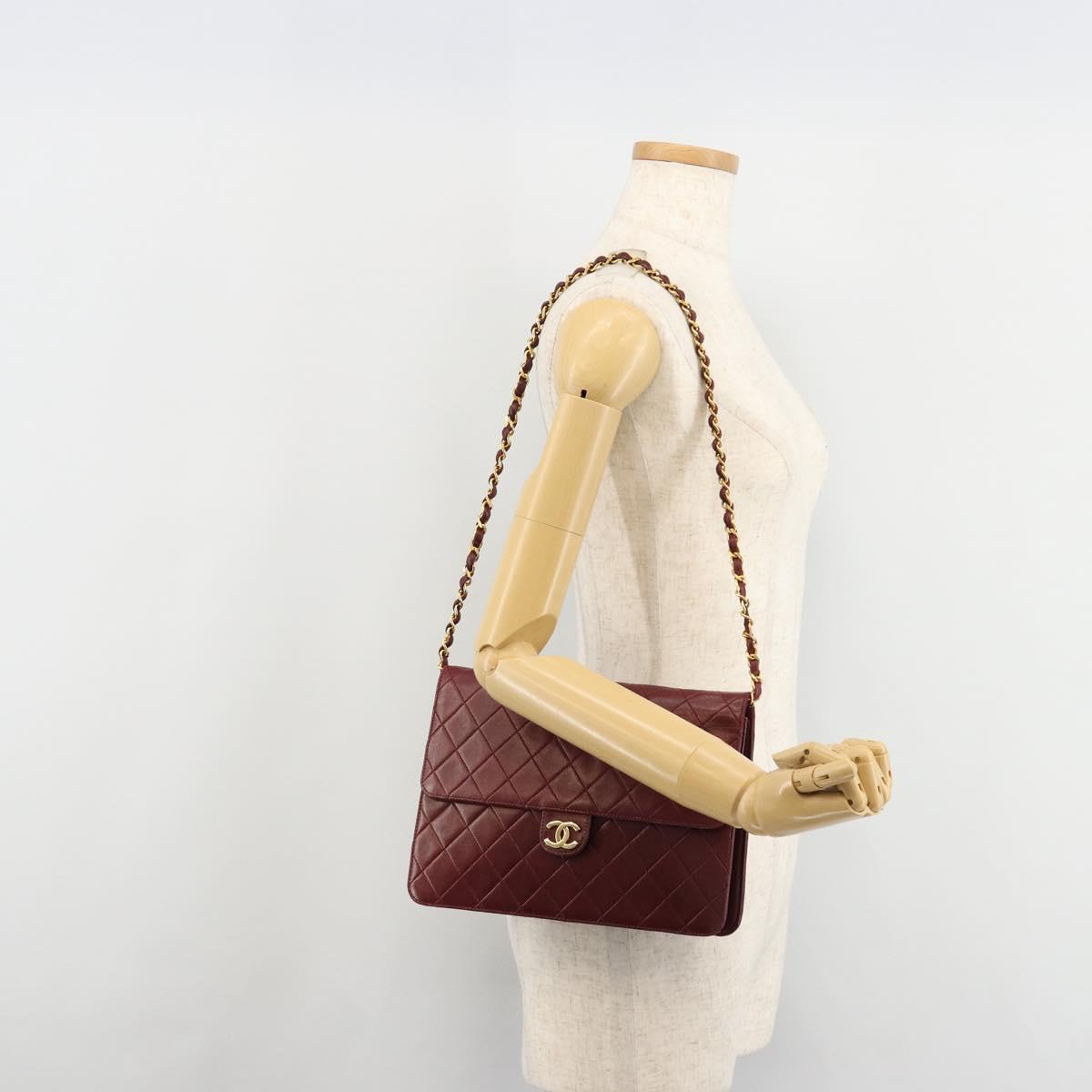 CHANEL Matelasse Chain Shoulder Bag Lamb Skin Bordeaux Gold CC Auth 183248A