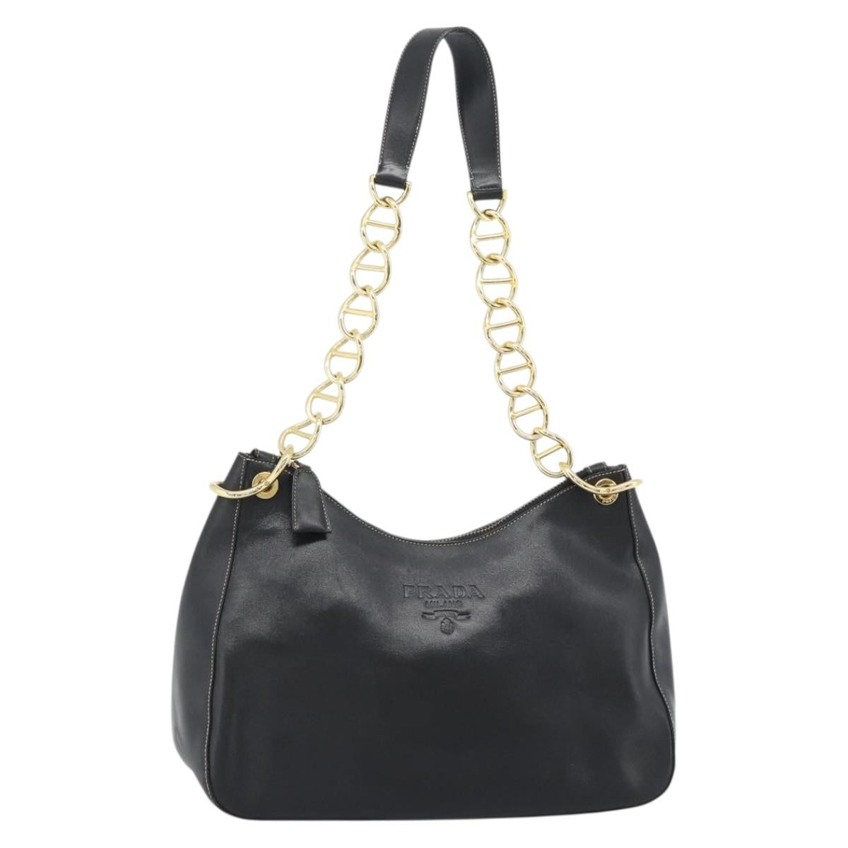 PRADA Chain Shoulder Bag Leather Black Gold Auth 183263A