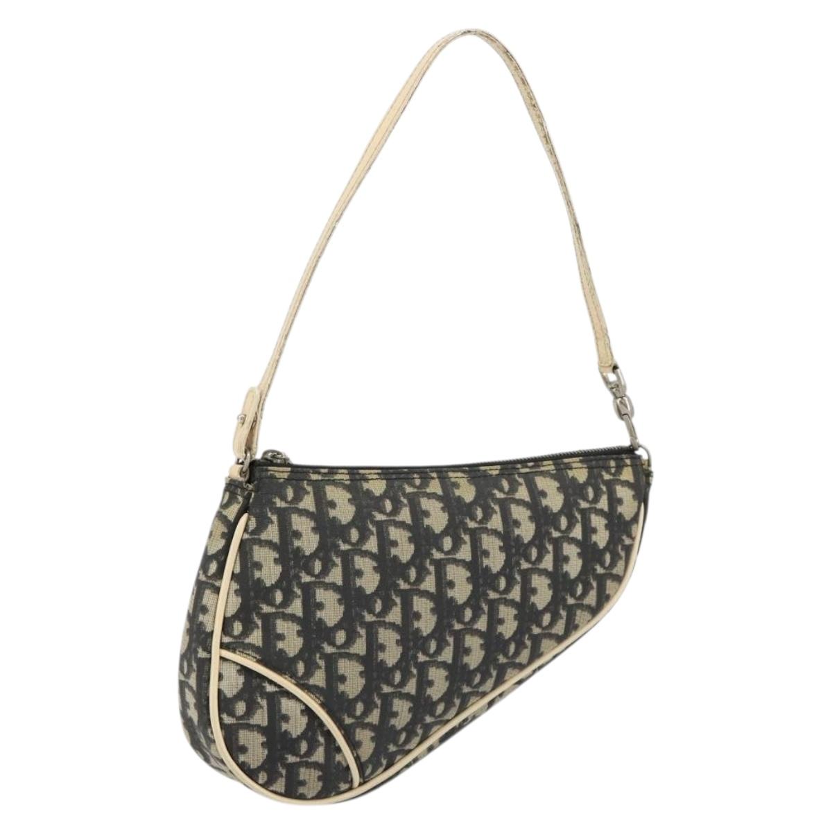 Christian Dior Trotter Canvas Saddle Pouch PVC Navy Silver Auth 183268
