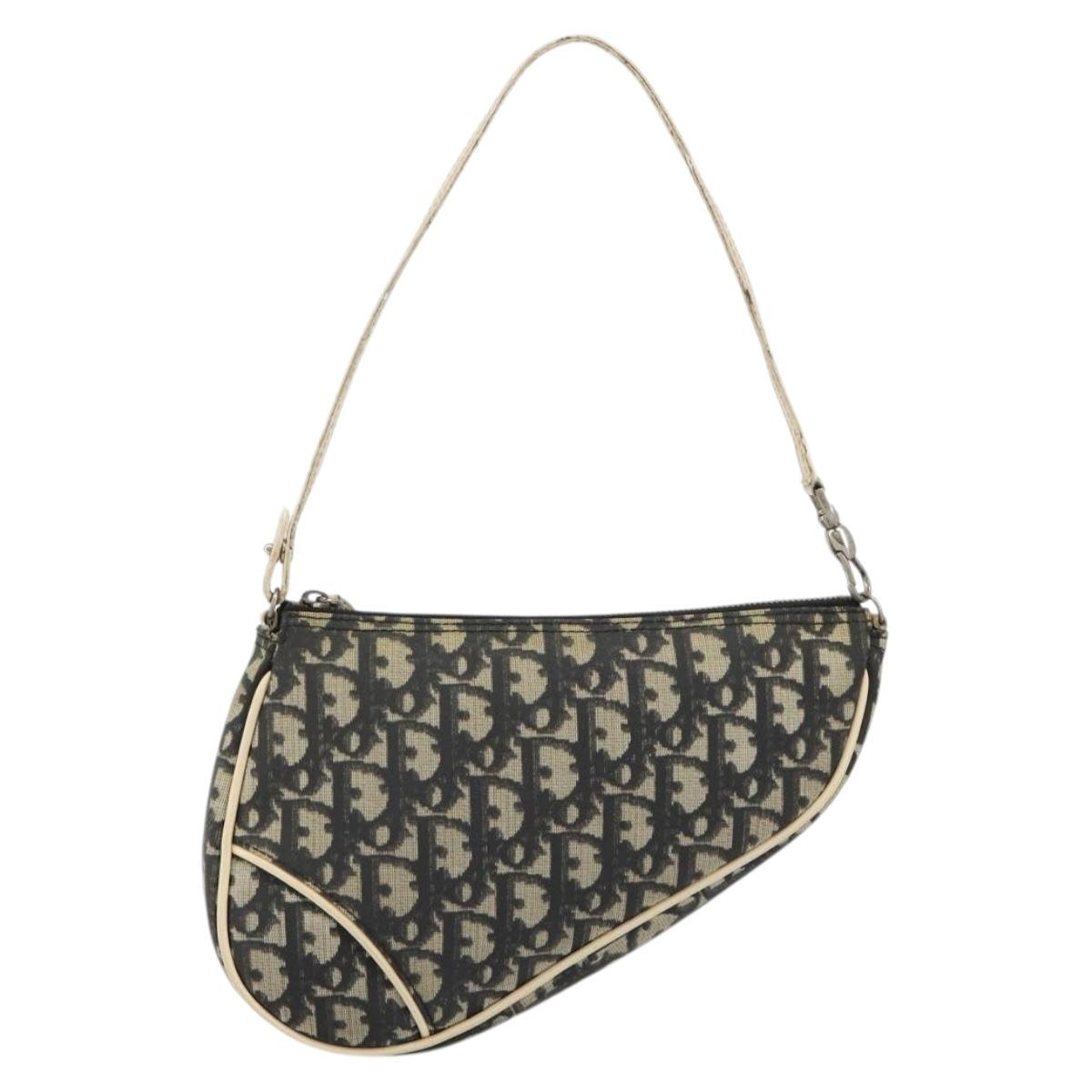 Christian Dior Trotter Canvas Saddle Pouch PVC Navy Silver Auth 183268