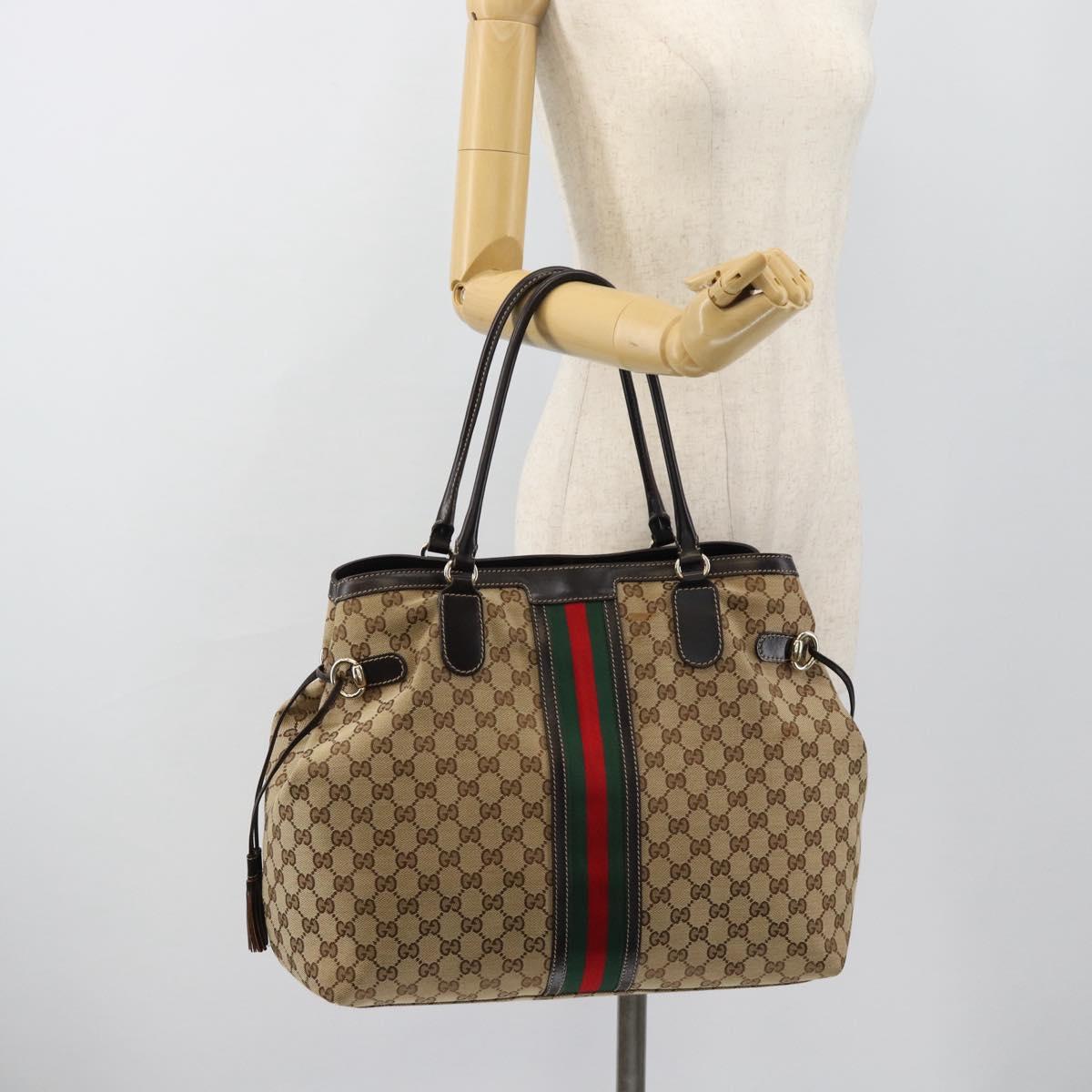 GUCCI GG Canvas Web Sherry Line Tote Bag Beige Gold Red 232969 Auth 183296