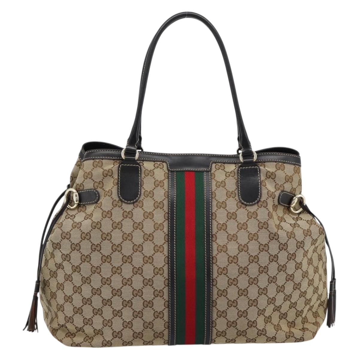 GUCCI GG Canvas Web Sherry Line Tote Bag Beige Gold Red 232969 Auth 183296