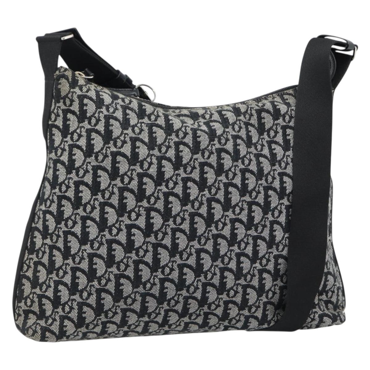 Christian Dior Trotter Canvas Shoulder Bag Black Silver Auth 183317A
