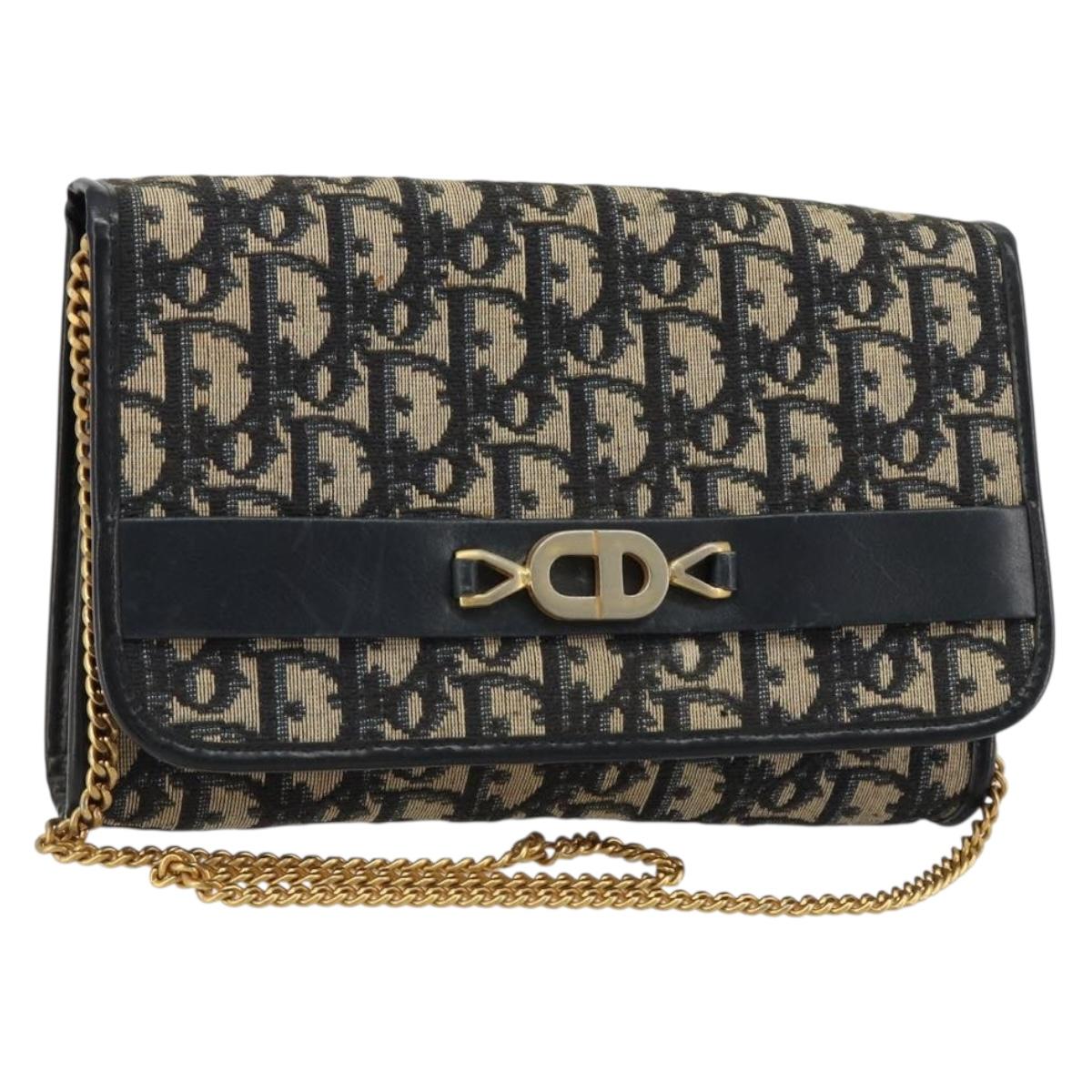 Christian Dior Trotter Canvas Chain Shoulder Bag Navy Gold Auth 183318A