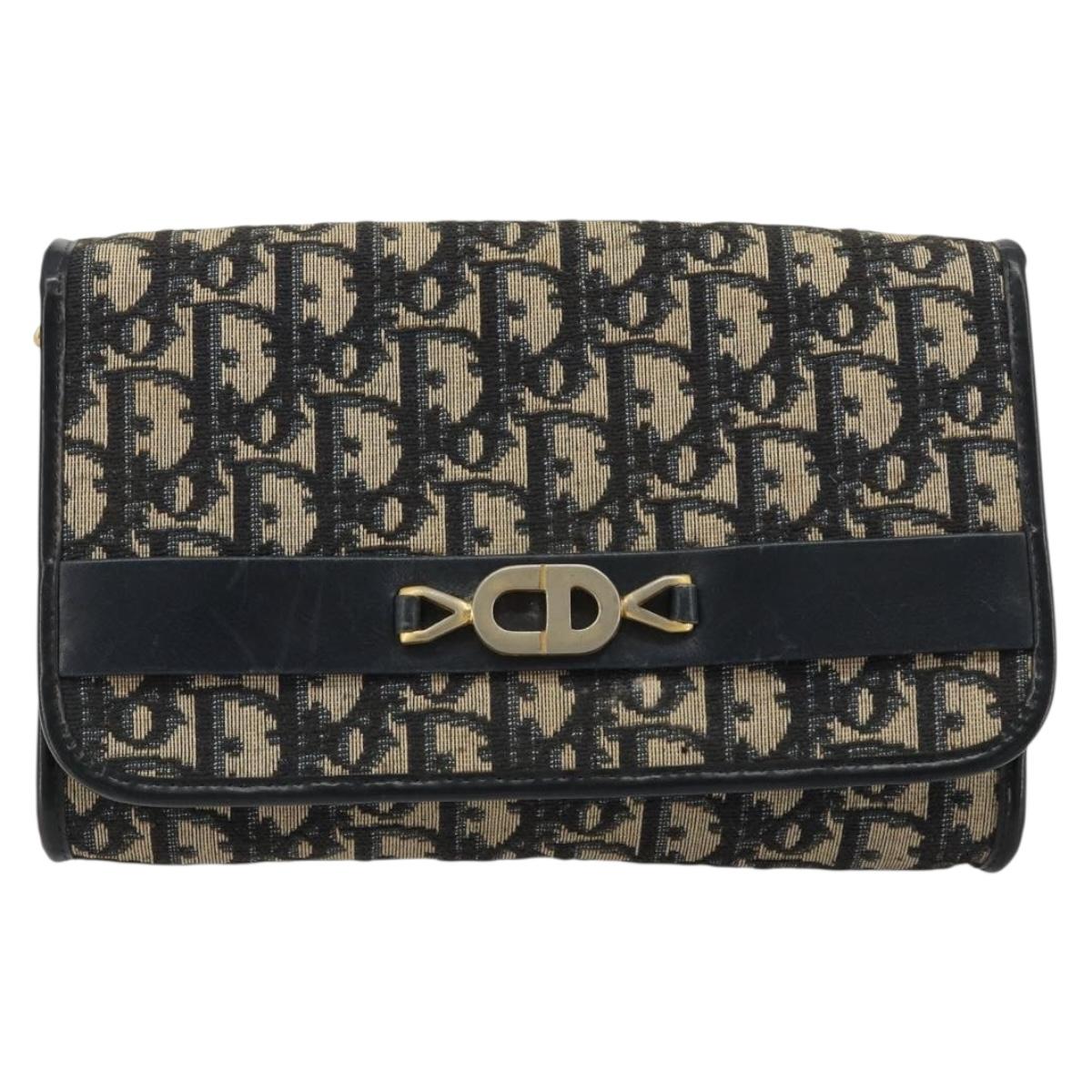 Christian Dior Trotter Canvas Chain Shoulder Bag Navy Gold Auth 183318A