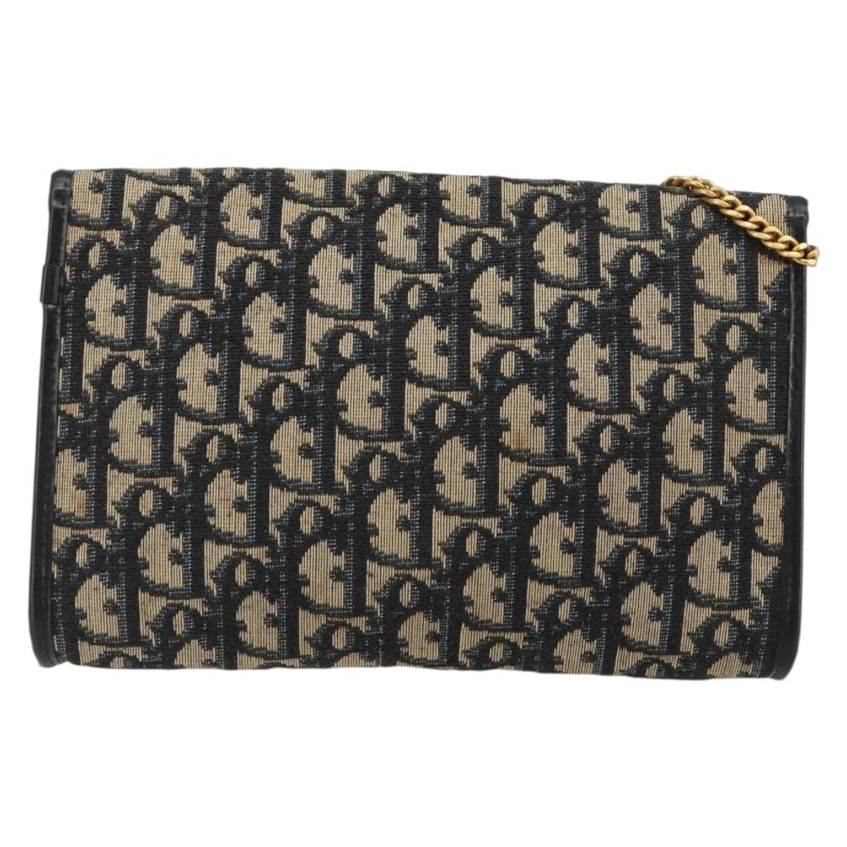 Christian Dior Trotter Canvas Chain Shoulder Bag Navy Gold Auth 183318A