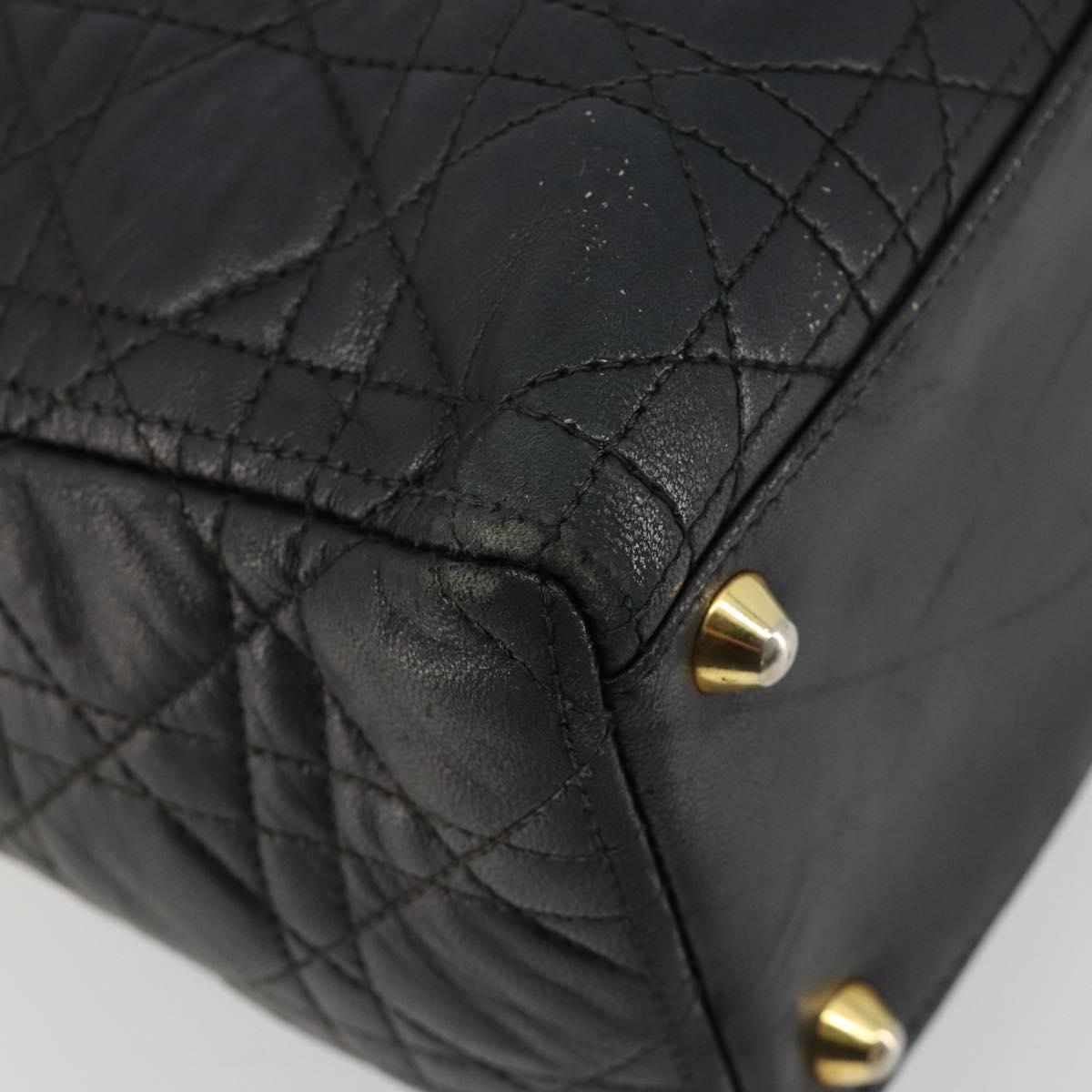 Christian Dior Canage Lady Dior Hand Bag Lamb Skin Black Gold Auth 183319