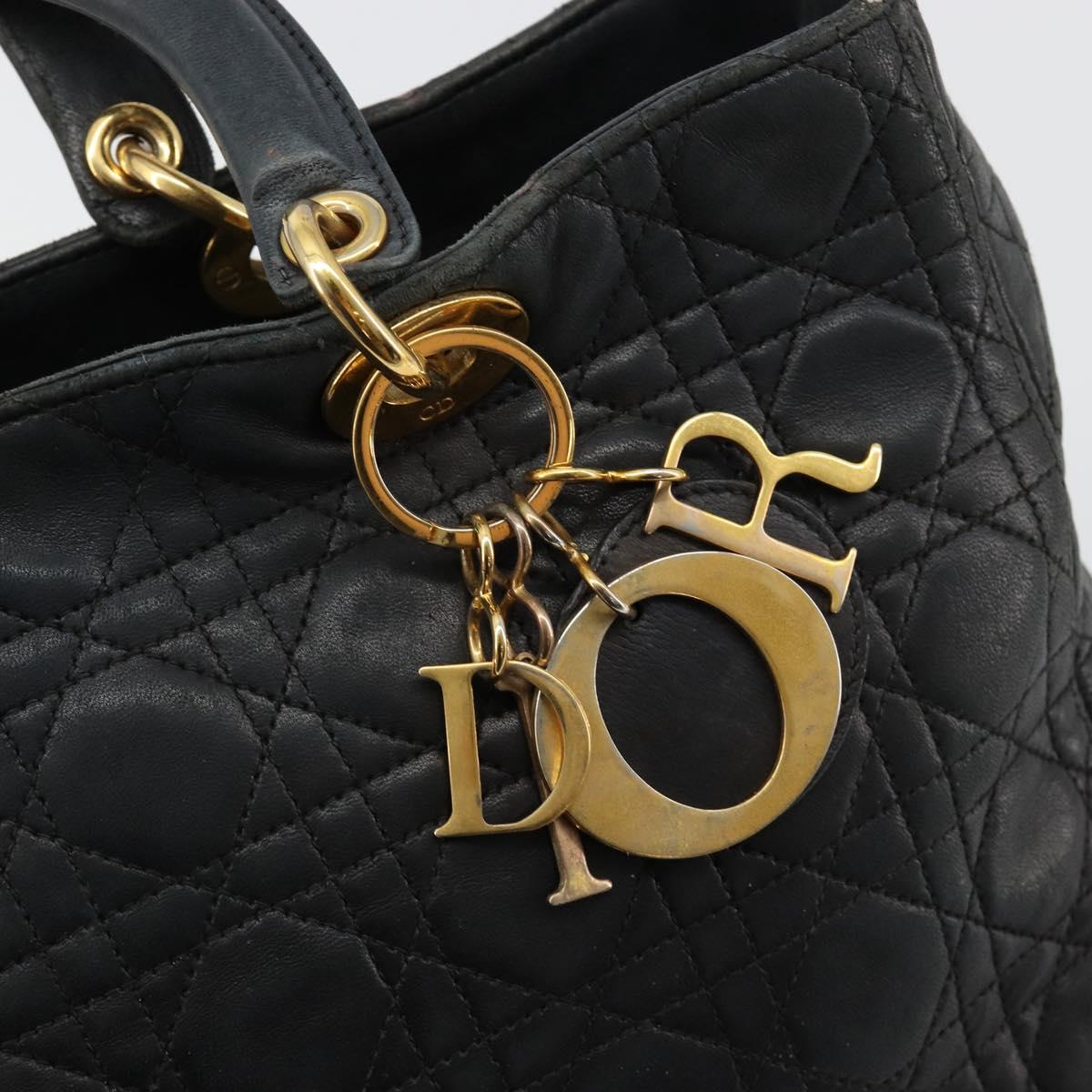 Christian Dior Canage Lady Dior Hand Bag Lamb Skin Black Gold Auth 183319