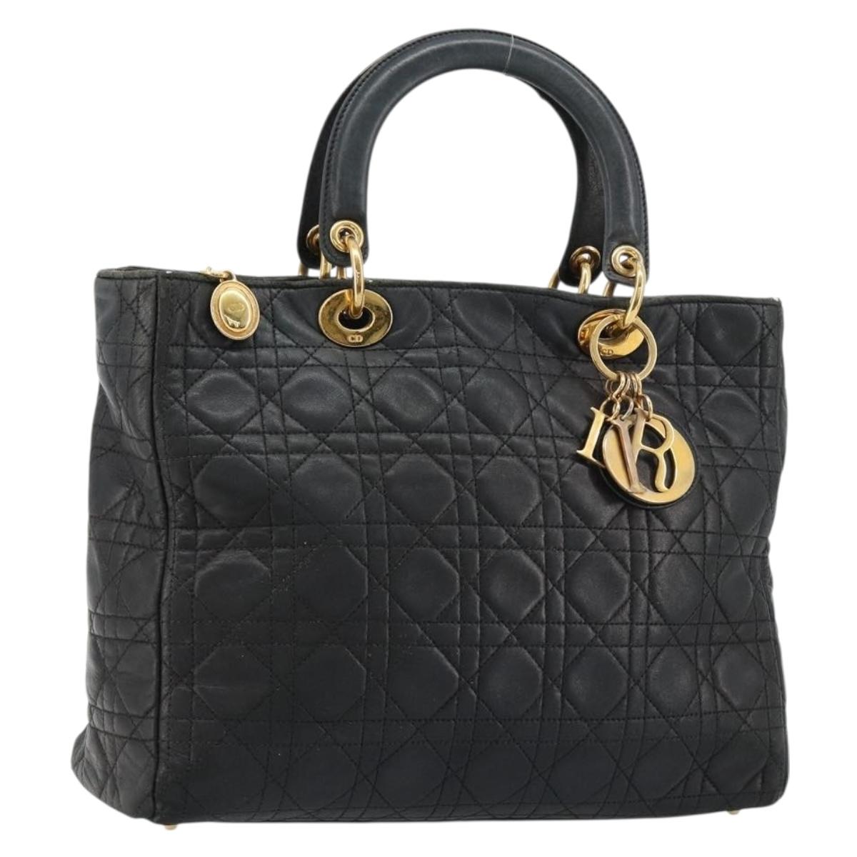 Christian Dior Canage Lady Dior Hand Bag Lamb Skin Black Gold Auth 183319
