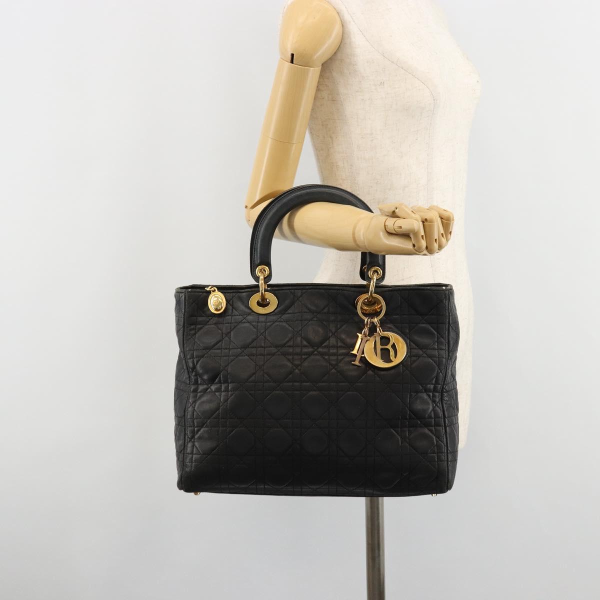 Christian Dior Canage Lady Dior Hand Bag Lamb Skin Black Gold Auth 183319