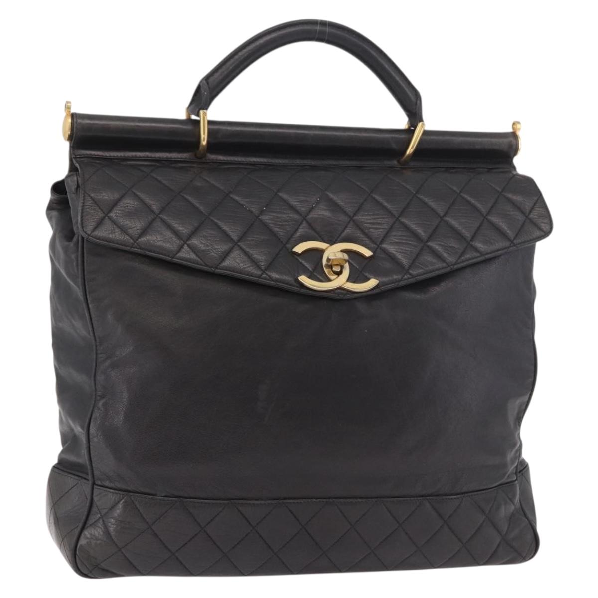 CHANEL Matelasse Hand Bag Lamb Skin Black Gold CC Auth 183326A