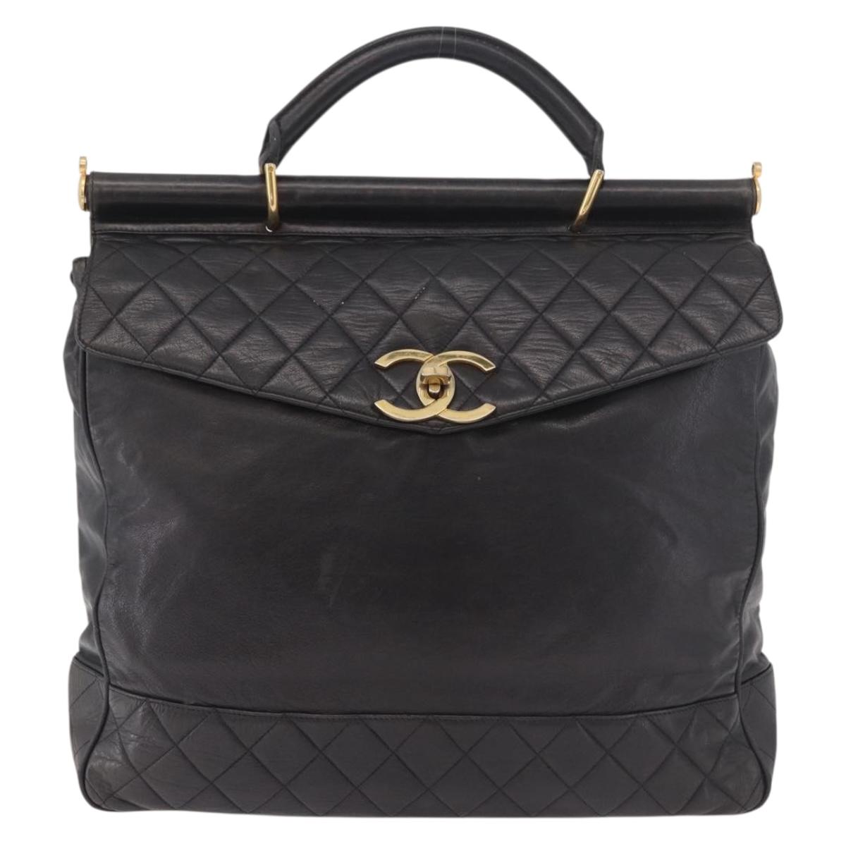 CHANEL Matelasse Hand Bag Lamb Skin Black Gold CC Auth 183326A