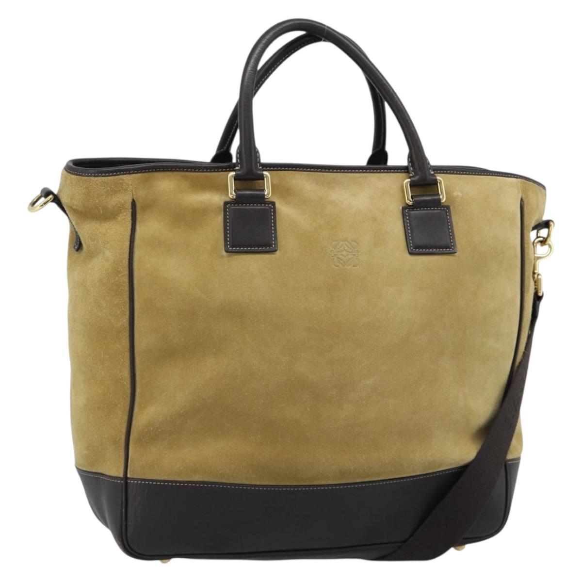 LOEWE Anagram Hand Bag Suede 2way Beige Gold Auth 183333