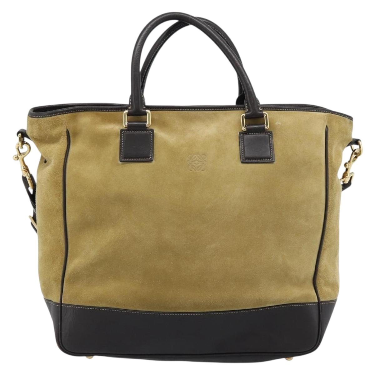 LOEWE Anagram Hand Bag Suede 2way Beige Gold Auth 183333