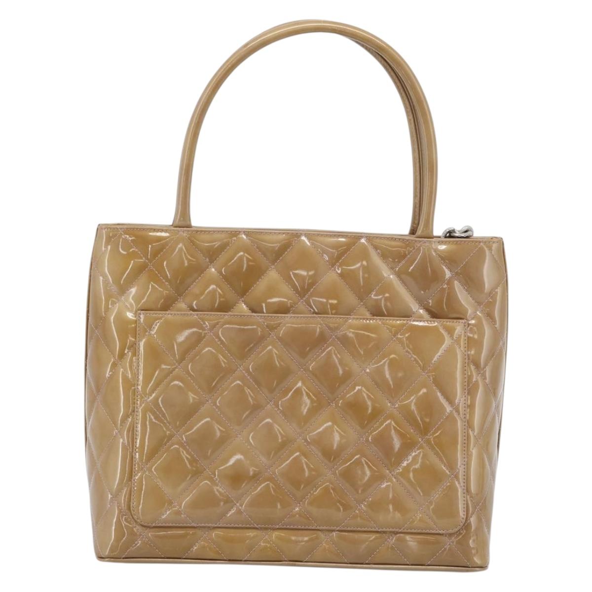 CHANEL Standard Tote Bag Patent leather Gold Silver CC Auth 183335A