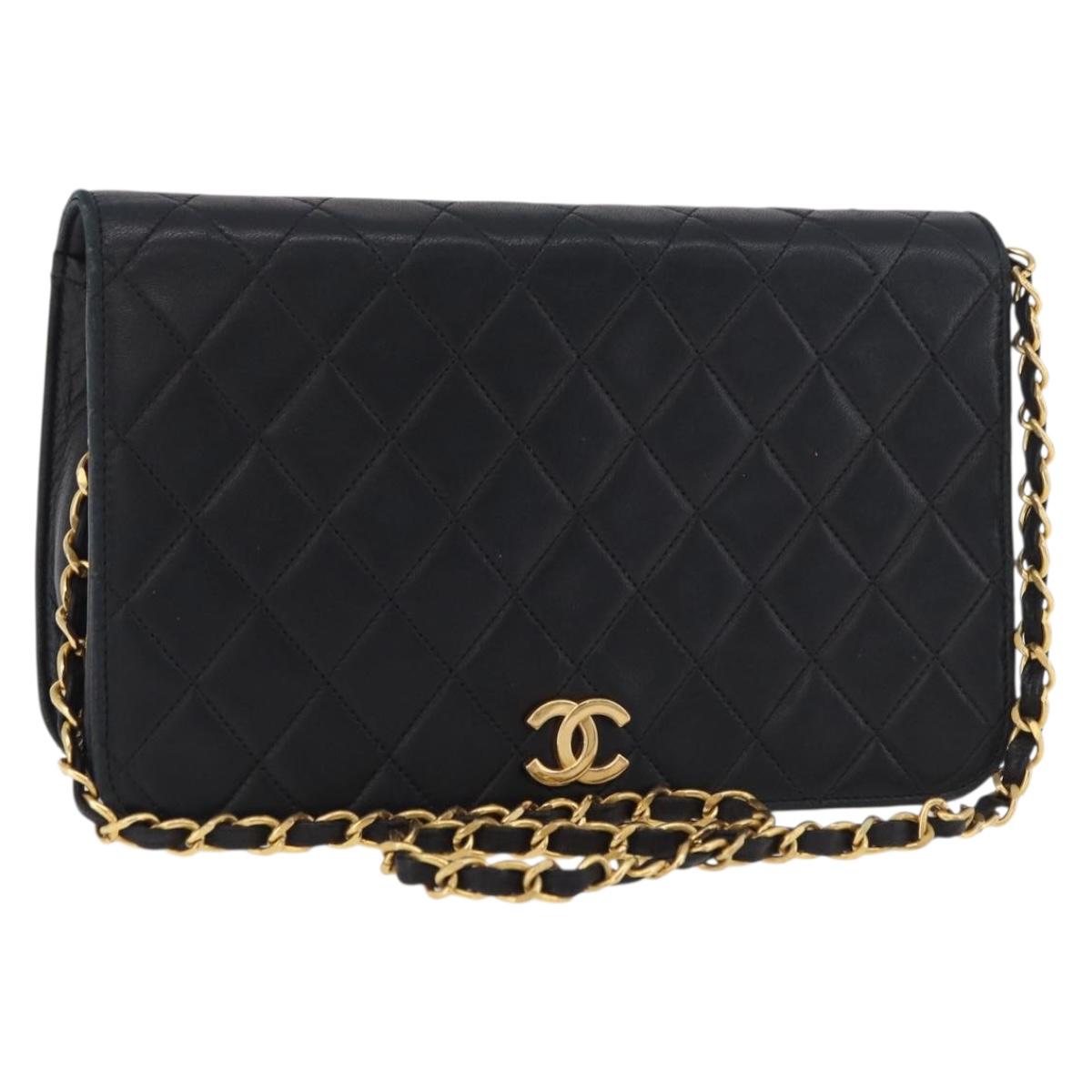 CHANEL Matelasse Chain Shoulder Bag Lamb Skin Black Gold CC Auth 183342