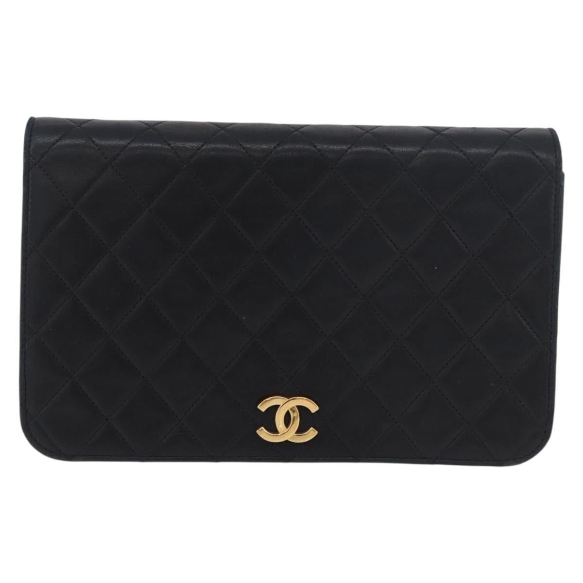 CHANEL Matelasse Chain Shoulder Bag Lamb Skin Black Gold CC Auth 183342