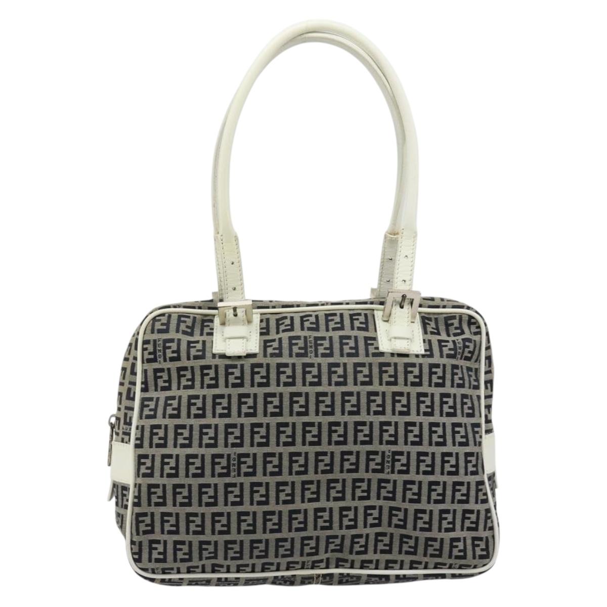 FENDI Zucchino Canvas Hand Bag Navy Silver Auth 183354A