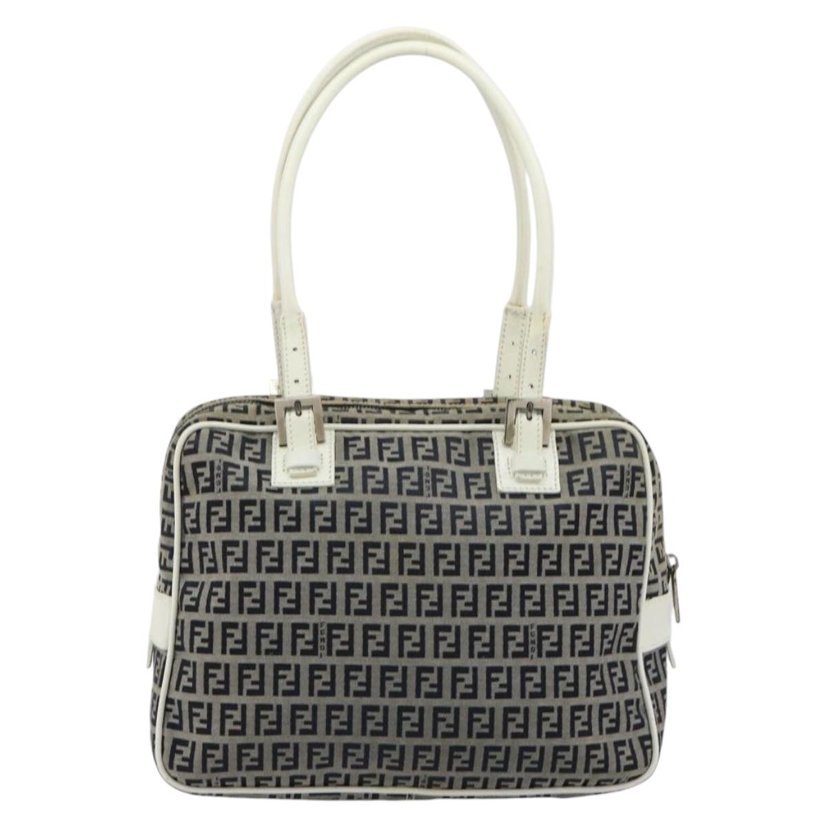 FENDI Zucchino Canvas Hand Bag Navy Silver Auth 183354A