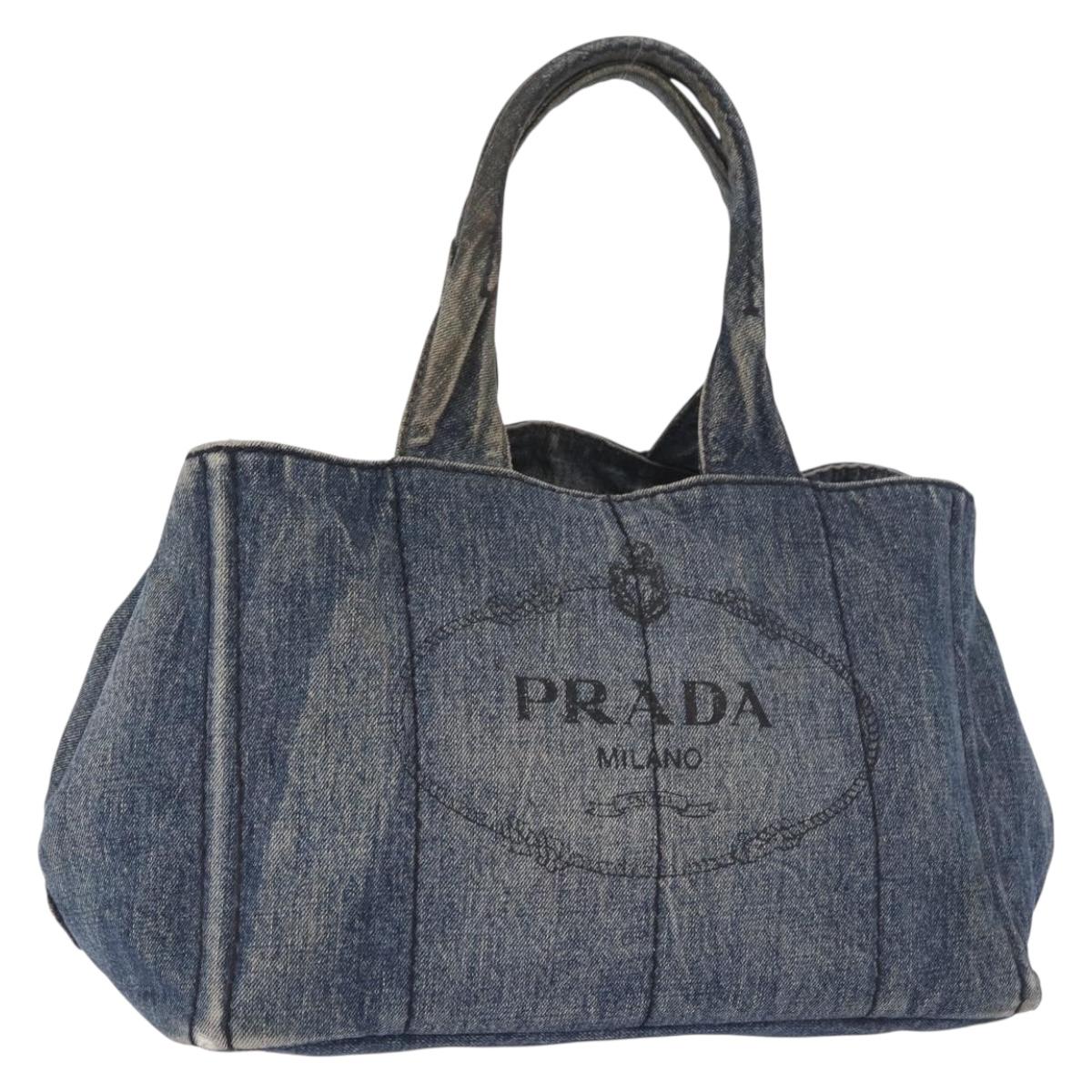 PRADA Canapa MM Hand Bag Denim Blue Gold Auth 183358