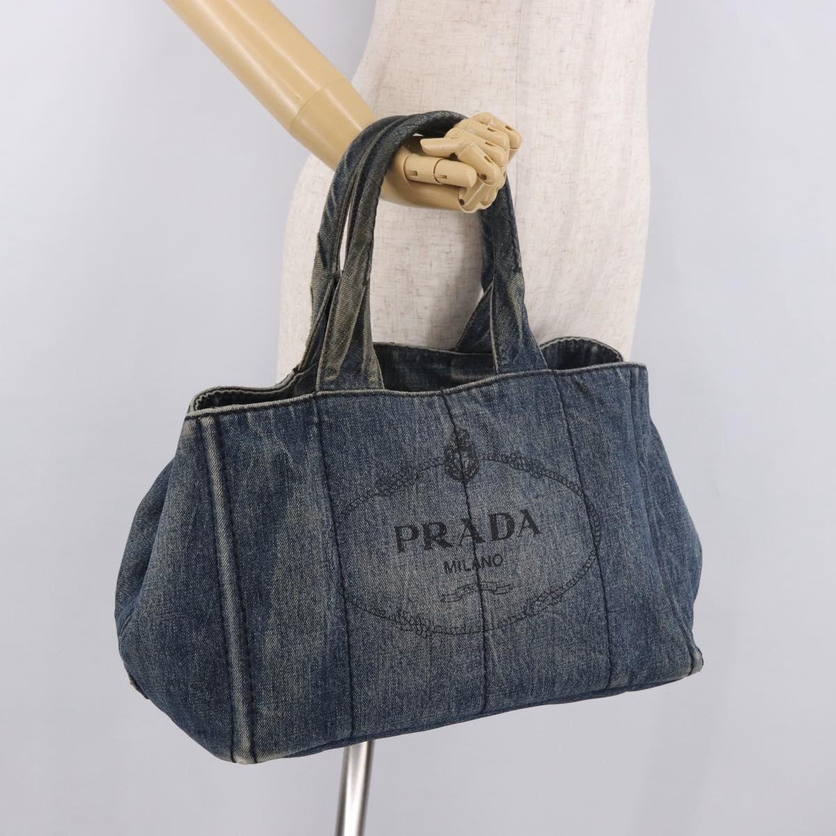 PRADA Canapa MM Hand Bag Denim Blue Gold Auth 183358