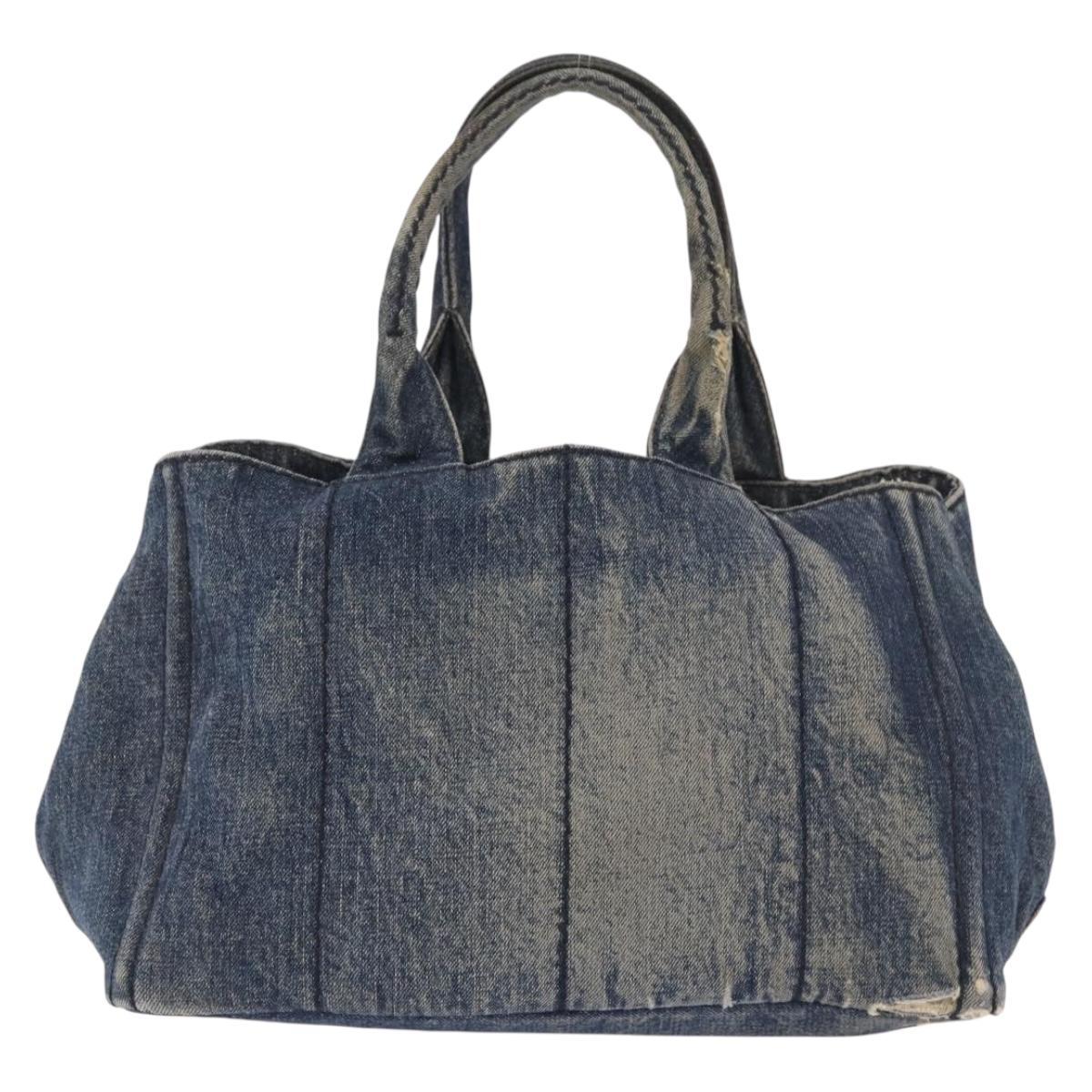 PRADA Canapa MM Hand Bag Denim Blue Gold Auth 183358